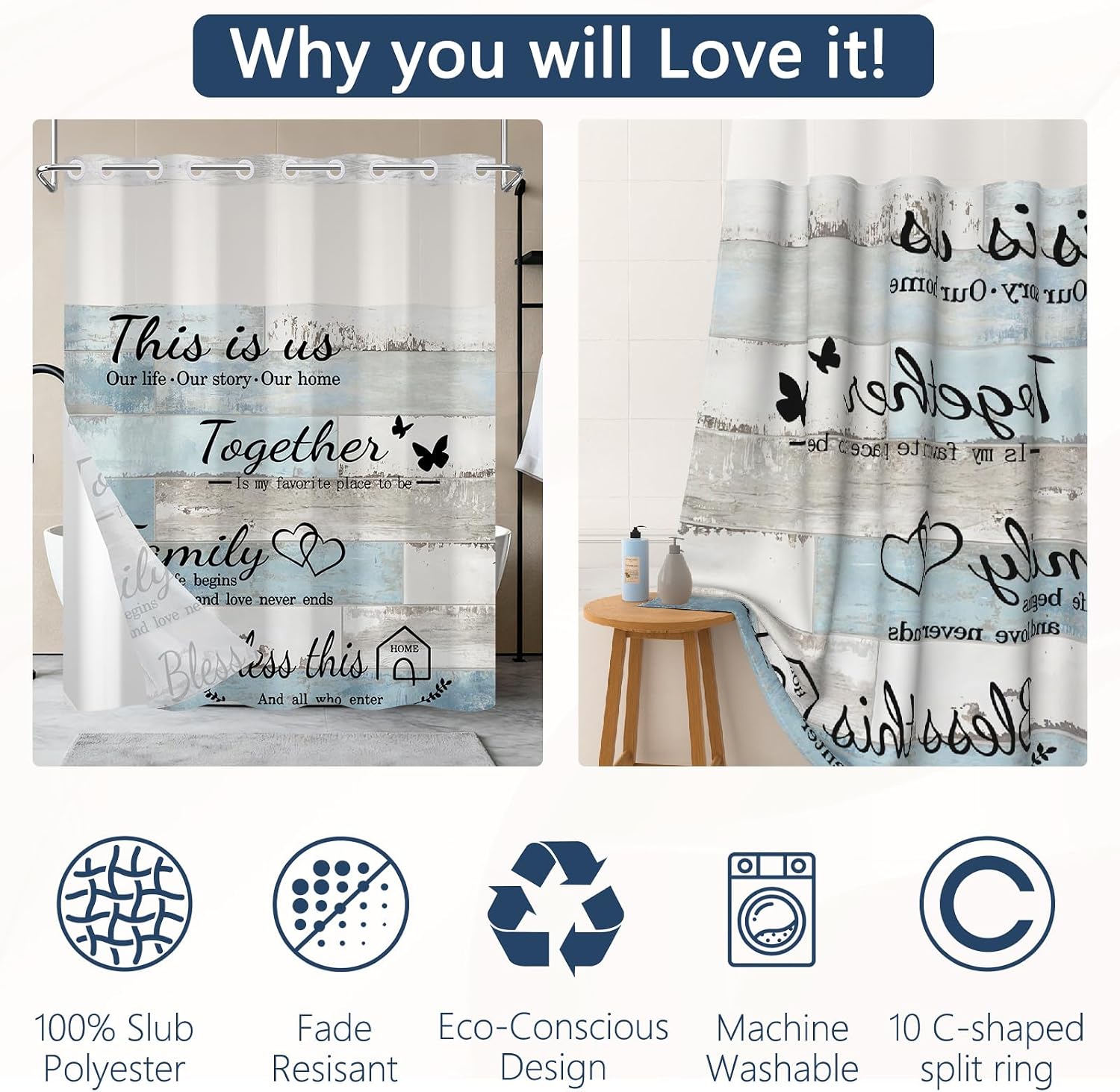 Blue and White Shower Curtain with Snap in Liner, 71x74 Inch