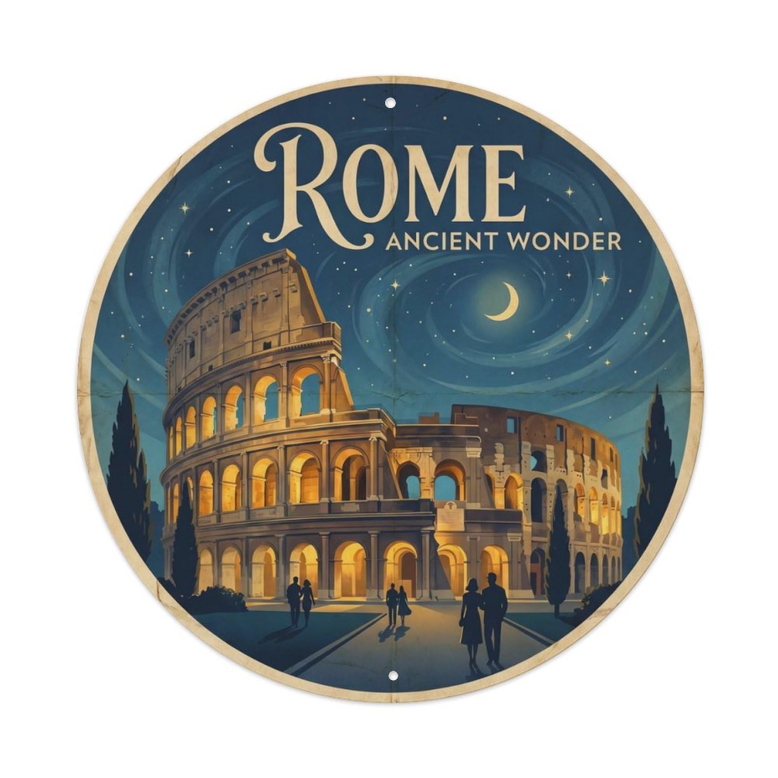Vintage Travel Colosseum Rome Night Metal Tin Sign Plaque Wall Decor for Cafe, Club, Garden Round Metal Poster 8x8Inch