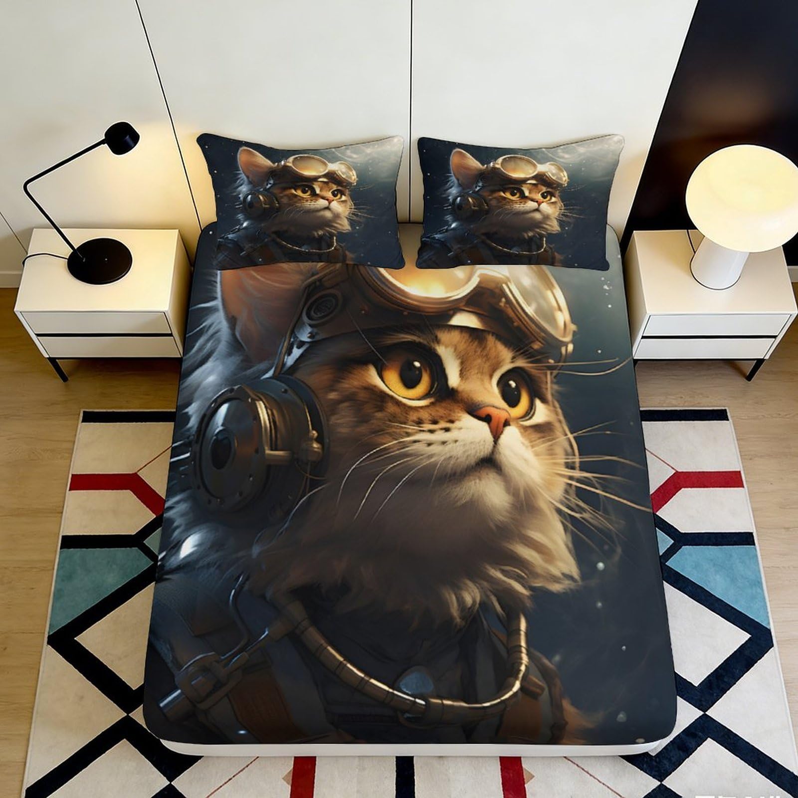 3D Printed Aviator Cat Fitted Sheet Microfiber Soft Cartoon Animal Mattress Cover for Bedroom Guest Room Decor 90x200x25cm