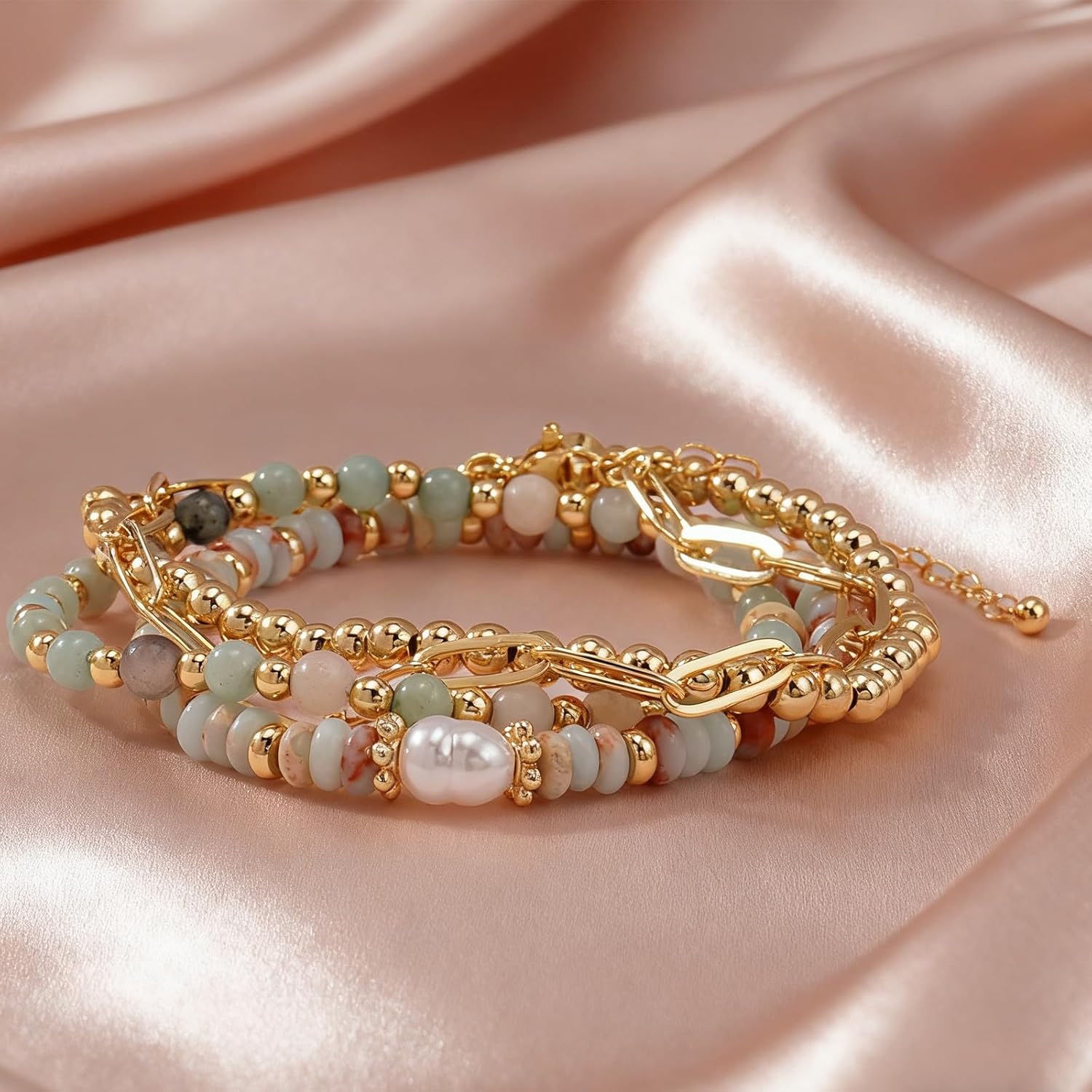 Gold Beaded Bracelet for Women,14K Plated Adjustable Stackable Link Natural Stone Bracelets,Non Tarnish Fashion Jewelry Set Gifts for Women Birthday Friendship - Image 4