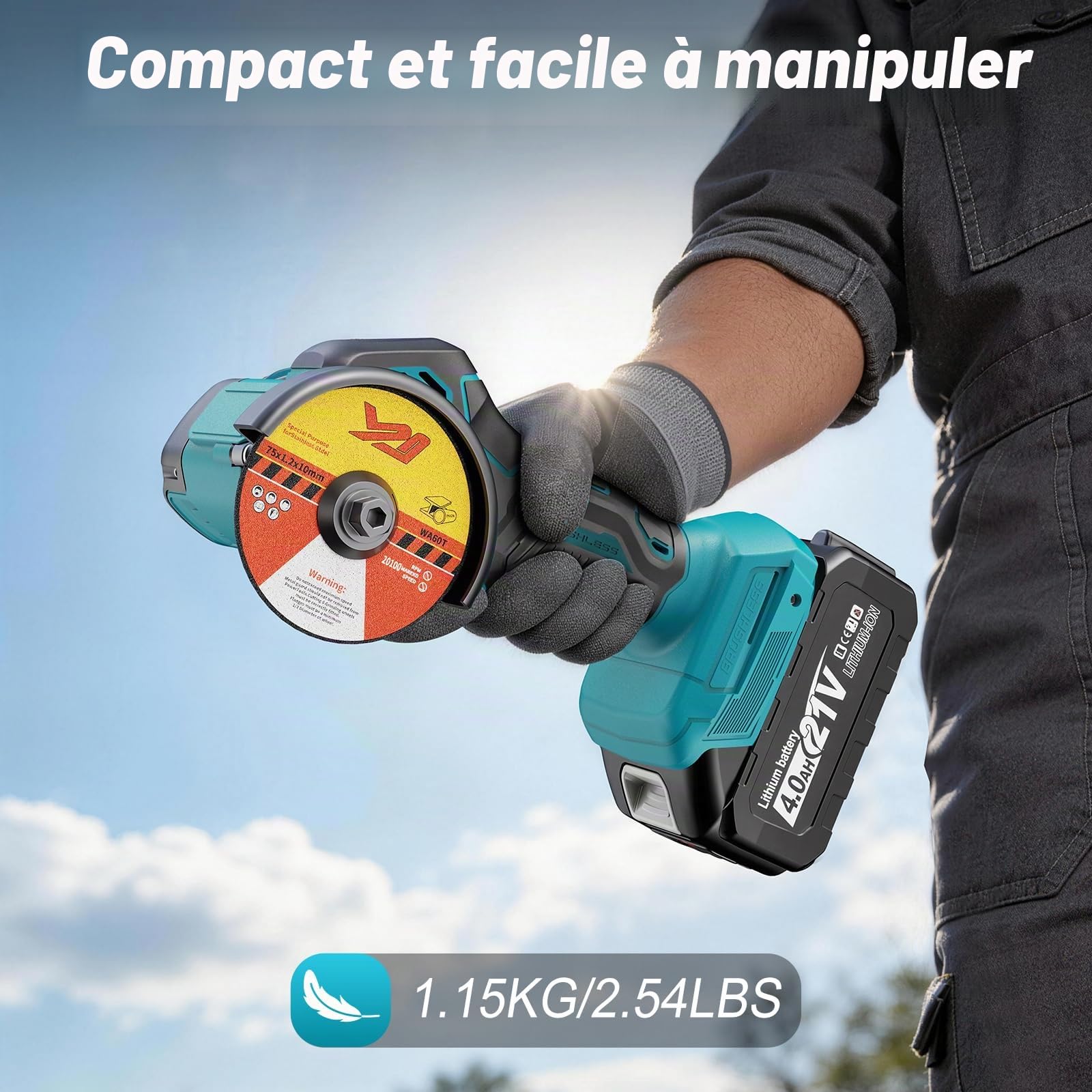 Mini Meuleuse d'angle sans fil Compatible avec Batterie Makita 18V, 76mm 19500tr/min, 2 Batteries 4,0Ah, 5 Disques