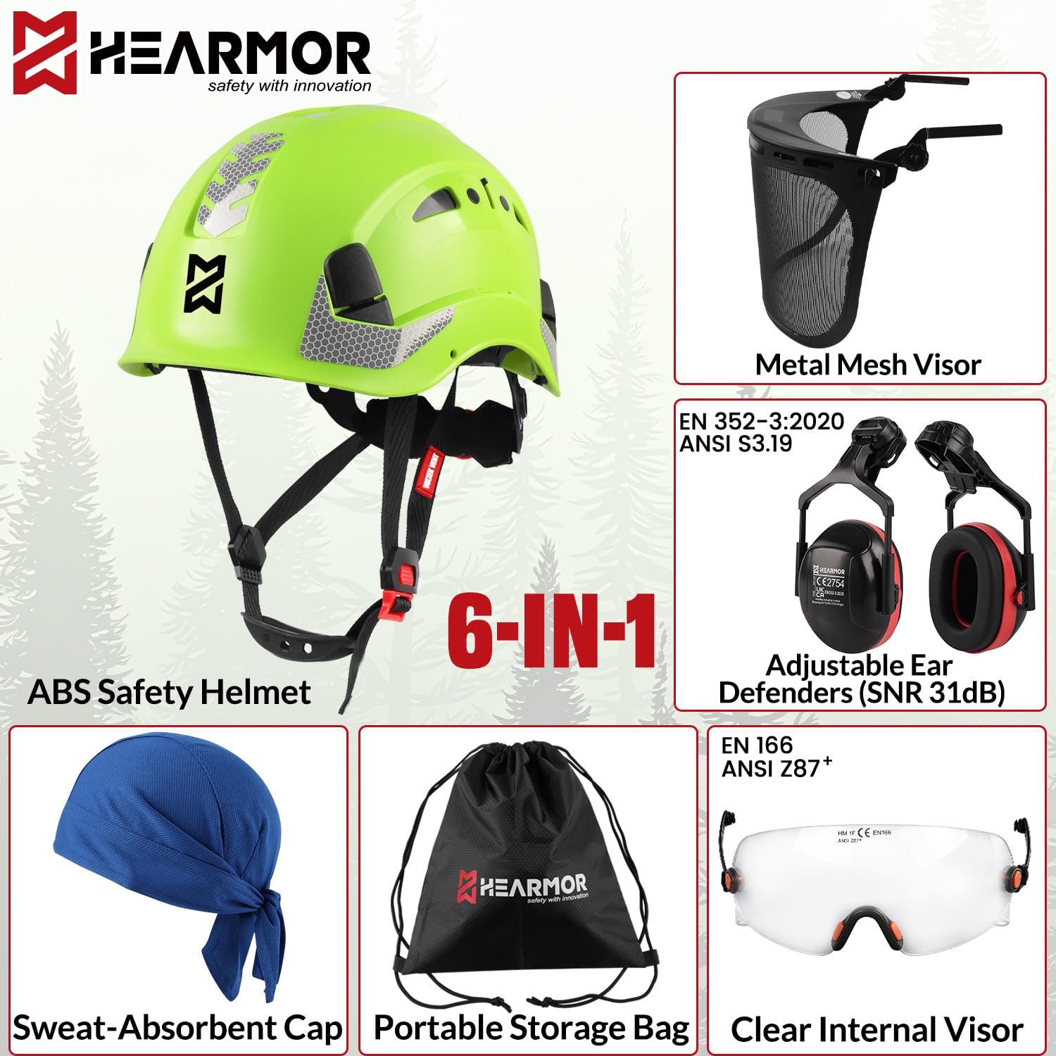 HEARMOR VOLTEK Casque de sécurité forestière en ABS avec visière de sécurité intégrée, protection complète de la tête, des yeux, du visage et de l'ouïe, design ventilé confortable et résistant aux