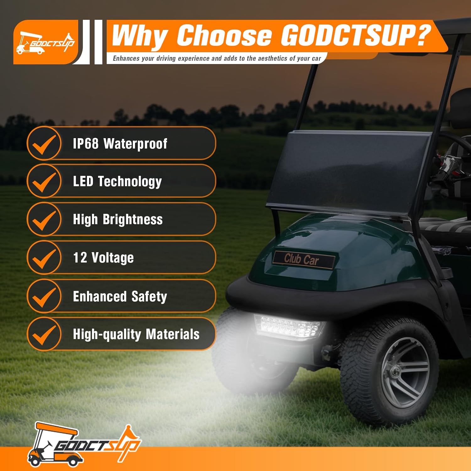 Club Car LED Headlight with Bumper, 12V Golf Cart LED Headlight for Club Car Precedent 2004-UP Electric Cart Models, Replace Precedent Head Light OEM# 102524801, 1025248-01