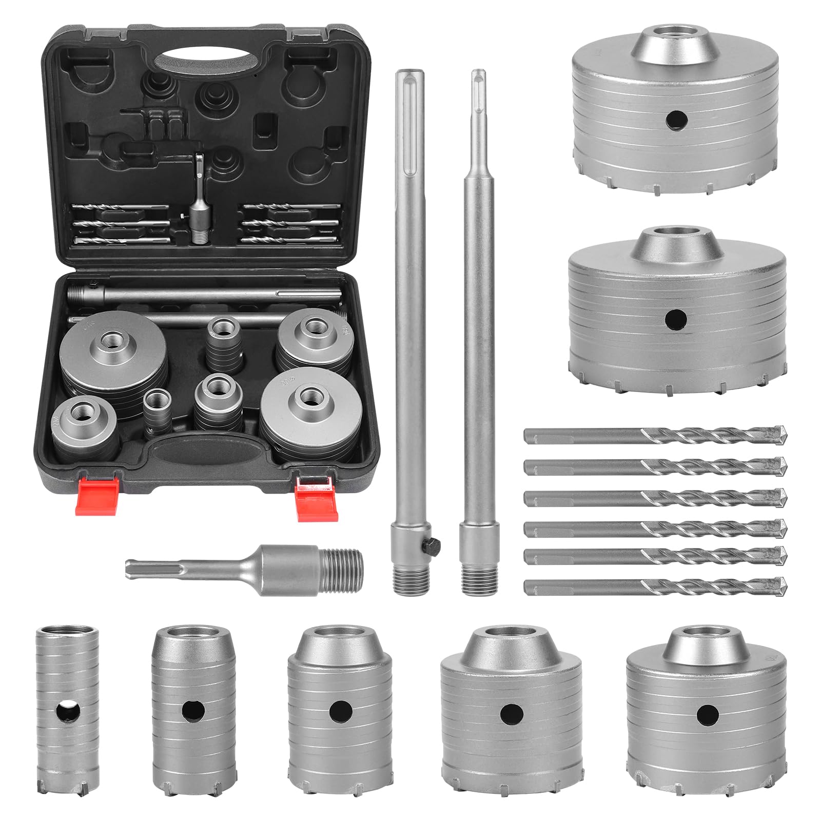EXLECO 16 pcs Carotatrice Muro set Carotatrice a Tazza per Muro Sega a Tazza Fresa a Tazza, 7 Punte Cave 30 40 50 65 80 100 110mm con 100mm 300mm SDS Plus & SDS Max 6 Punta Centraggio