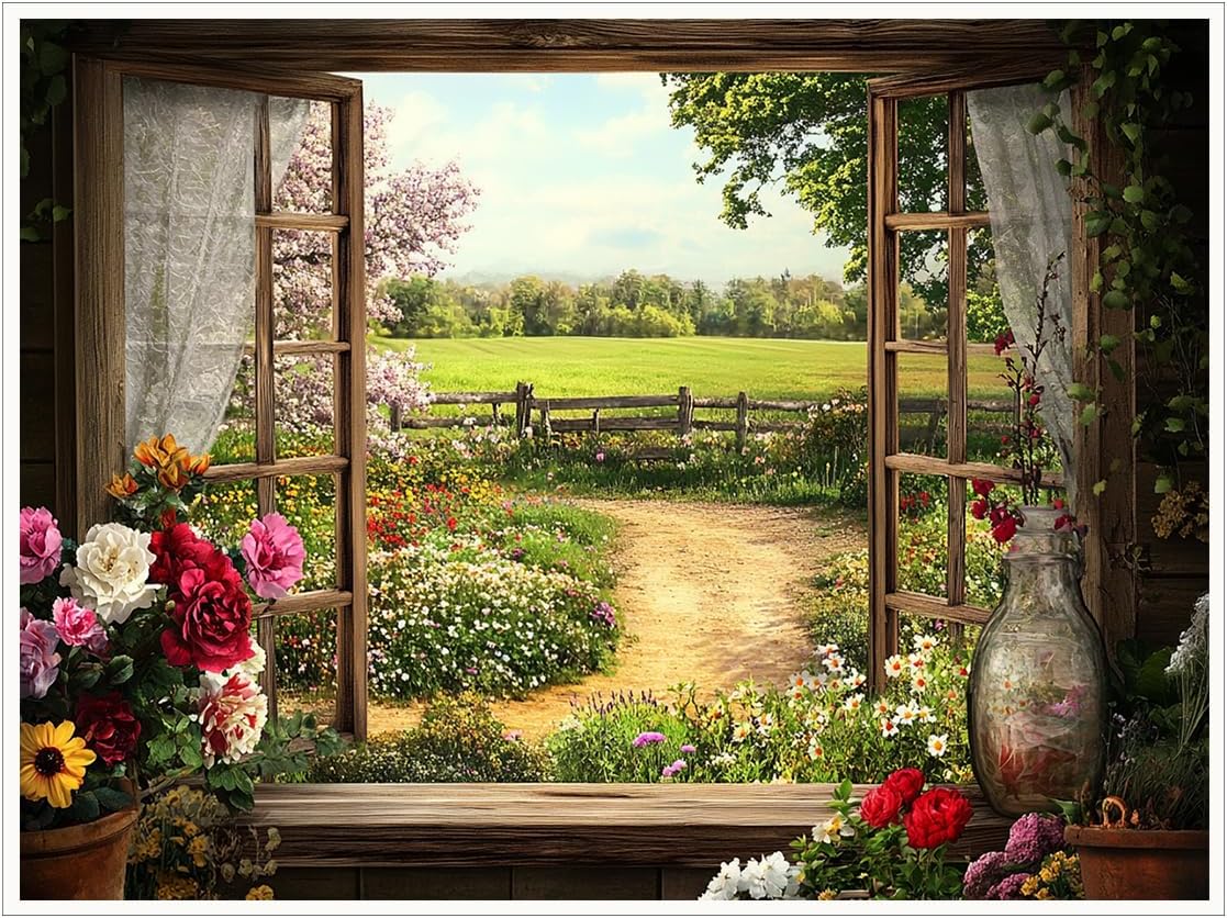 Faux Window Canvas Art Countryside Garden Scene, English Cottage Window View, Rustic Wall Decor for Home, Living Room, and Bedroom 20x30in Unframed