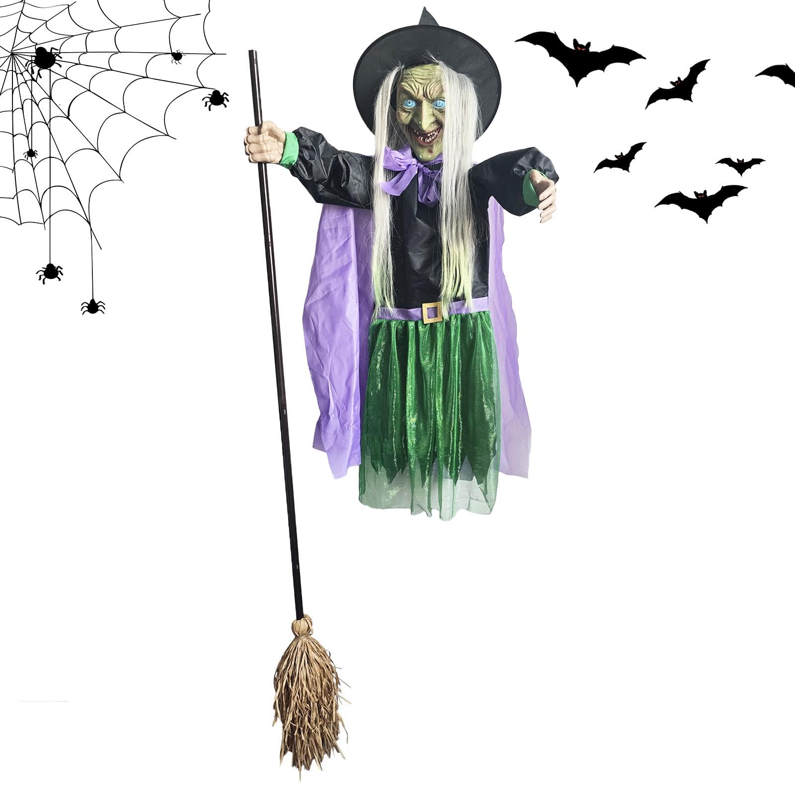 Décoration de sorcière Halloween animée sur balai pour jardin effrayant