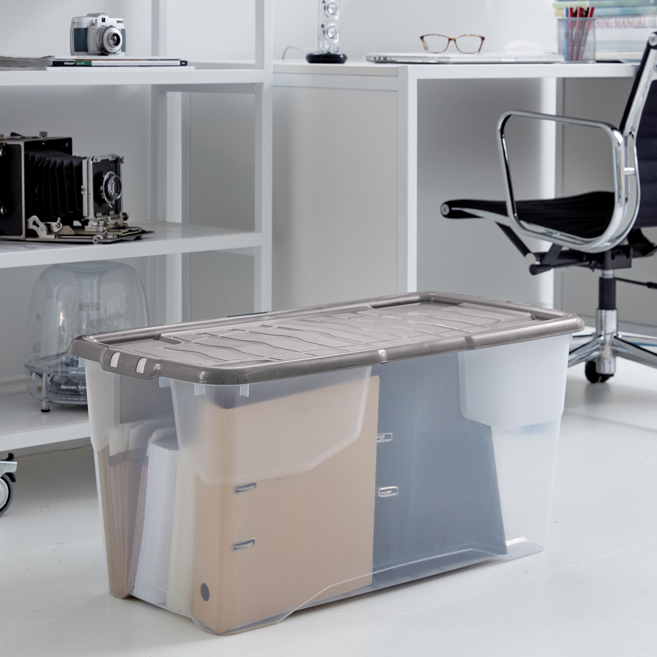 Strata 6 x 80 Liter stapelbare Aufbewahrungsbox aus Kunststoff mit Deckel mit aufsteckbaren Deckeln, 6er-Pack, Multi-Aufbewahrungsbox für Zuhause und Büro, transparente Box, grauer Deckel