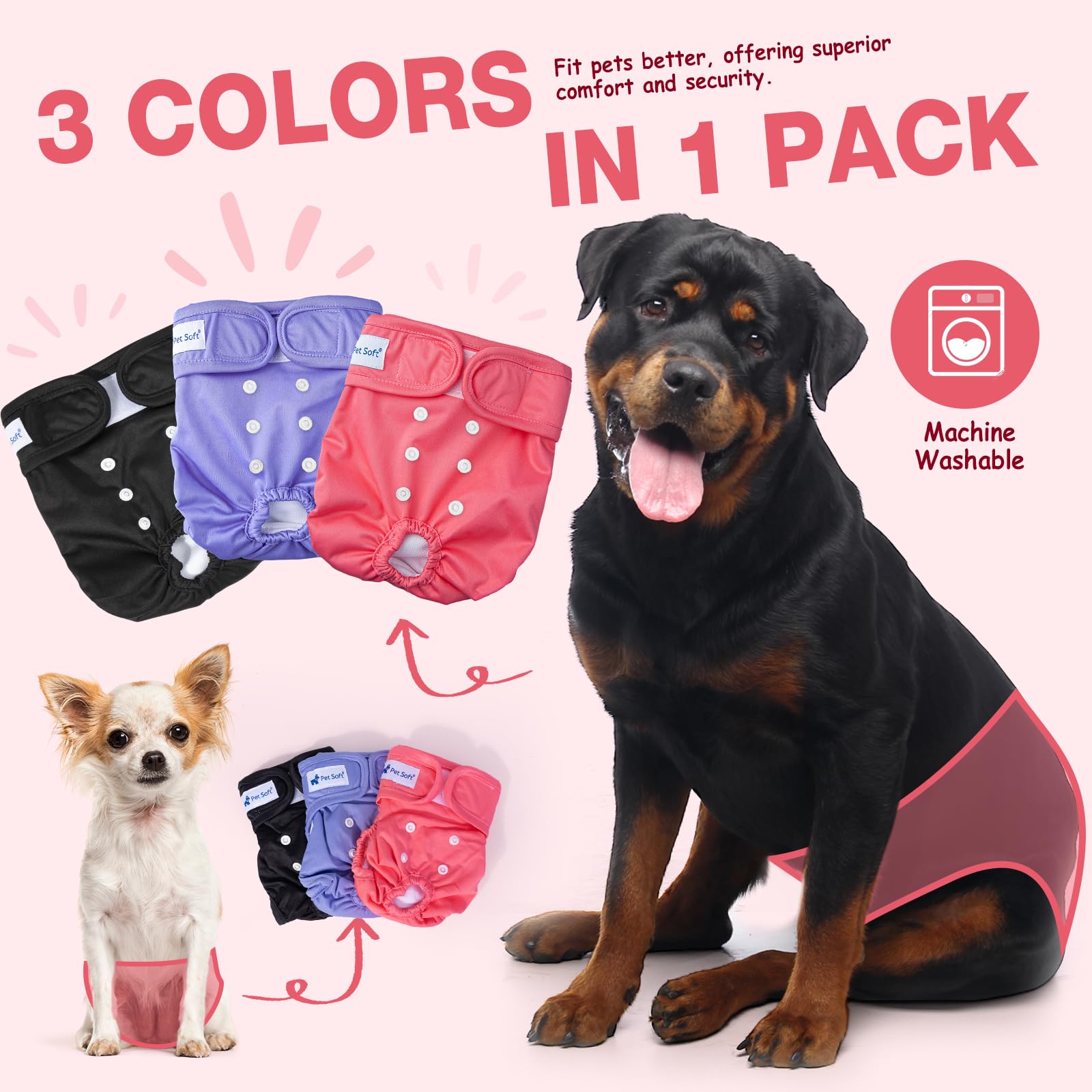 Pet Soft Couche Chien Femelle, Lot de 3 Culotte Chiennes Chaleurs, Couches Lavables pour Chien Femelle avec Ceinture Anti-Fuite (Clair, S)