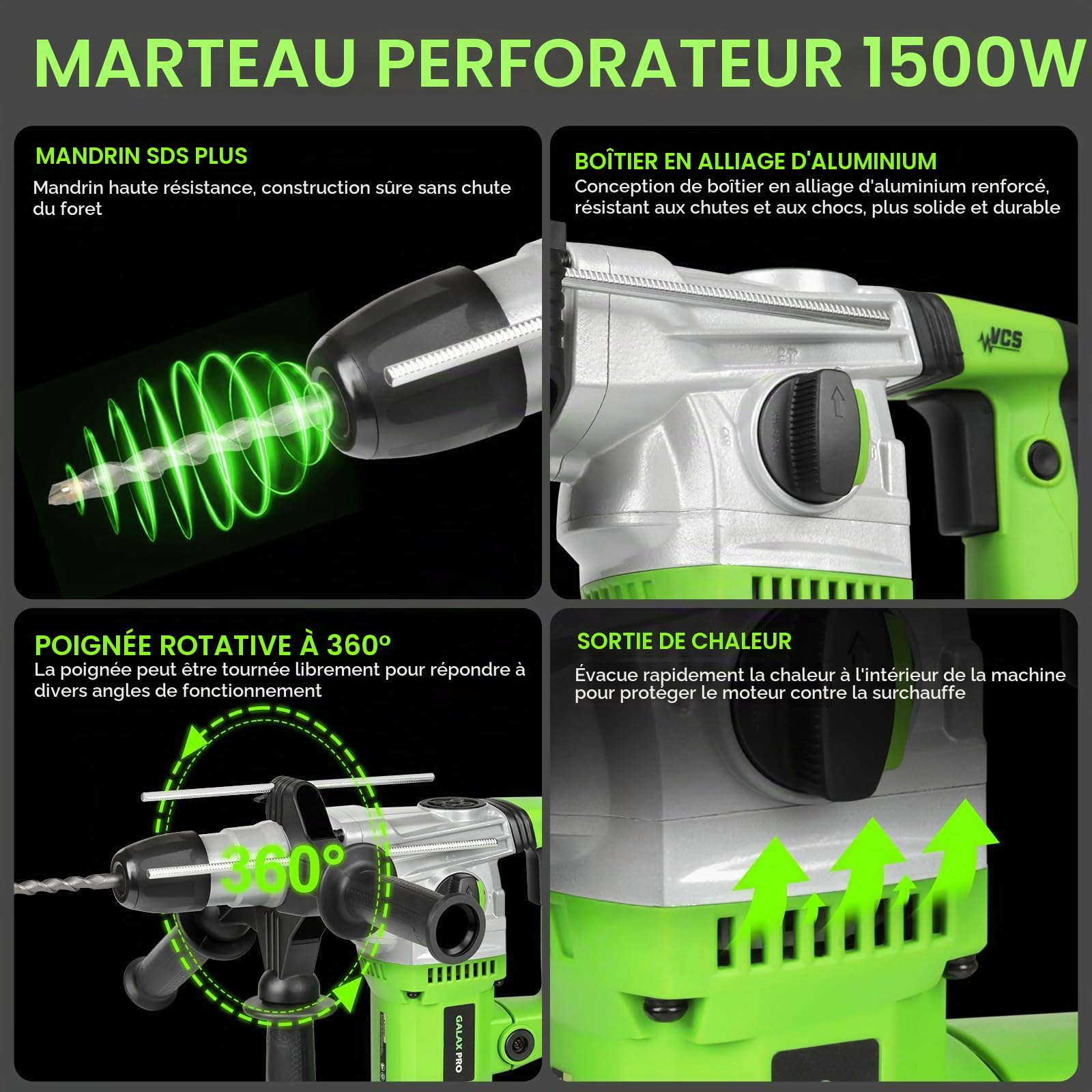 GALAX PRO 1500W Marteau Perforateur,4 Fonctions, SDS-Plus | 0-4000 tr/min, Anti-vibration,Poignée Réglable à 360°, Capacité de Perçage: pour métal/bois/brique