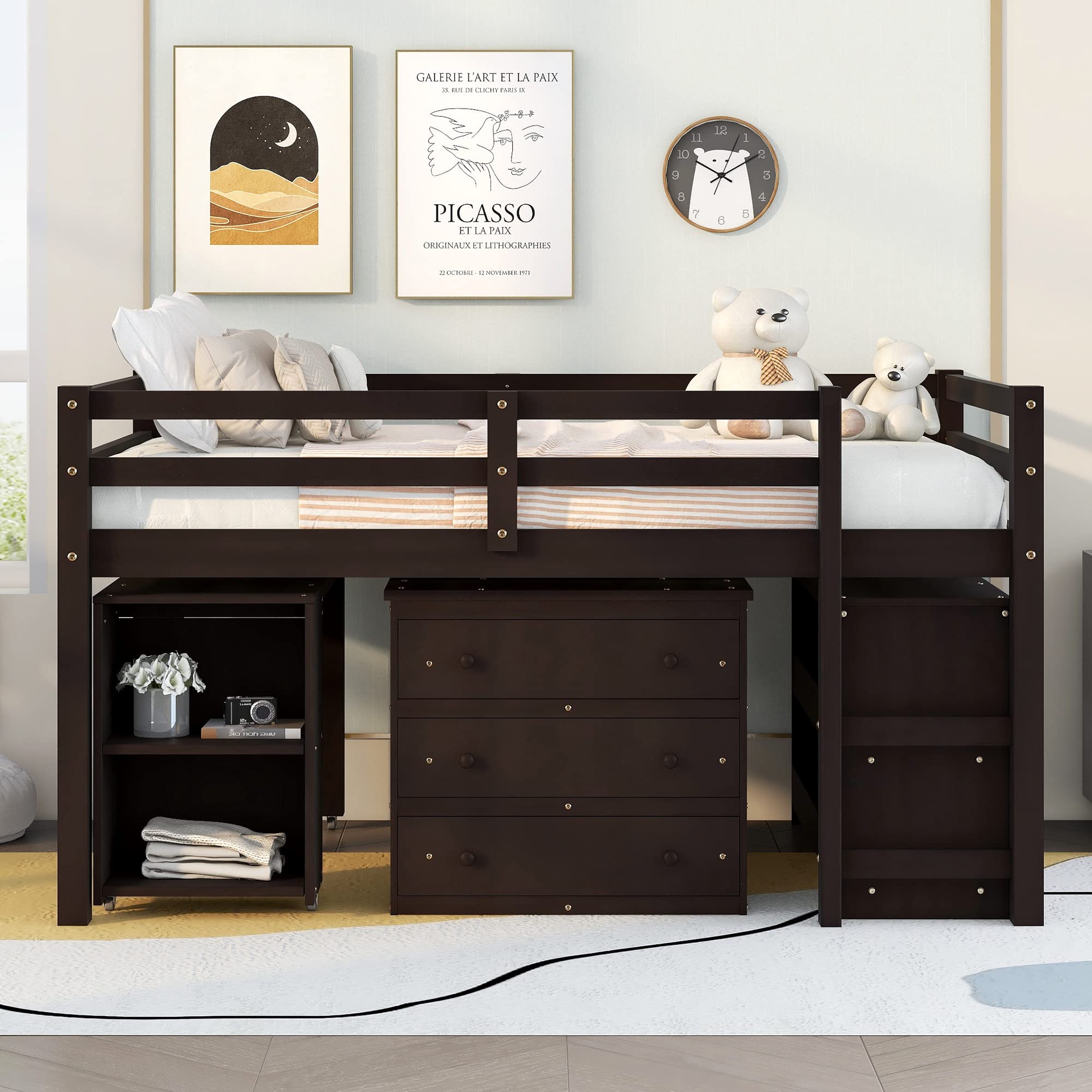 P PURLOVE Full Loft Bed with Cabinet Rolling Portable Desk Bookshelf, Low Study Loft Bed Frame, No Box Spring Needed (Espresso)