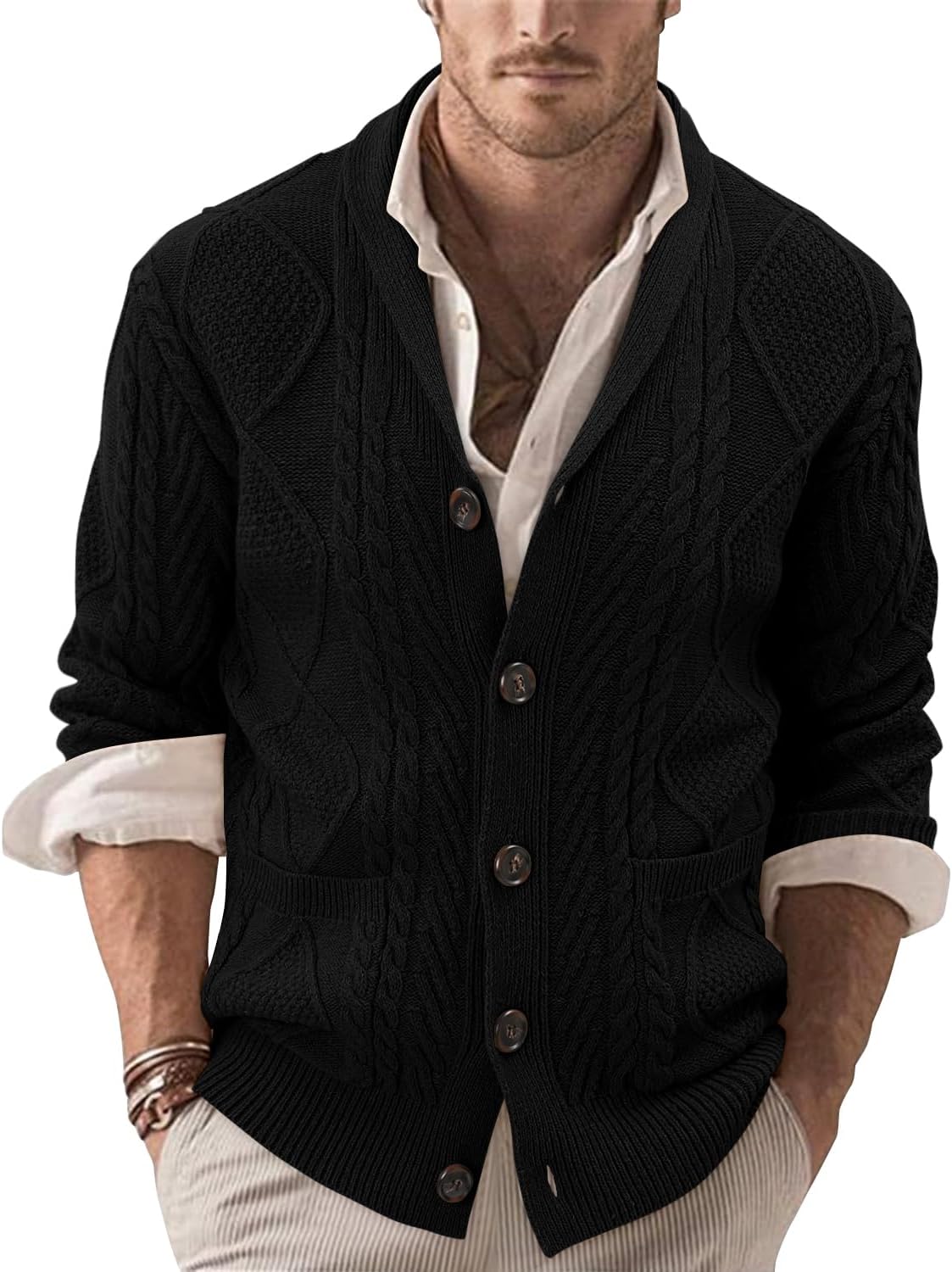 Linvich Cardigan Sweater for Men Apricot Shawl Collar Button