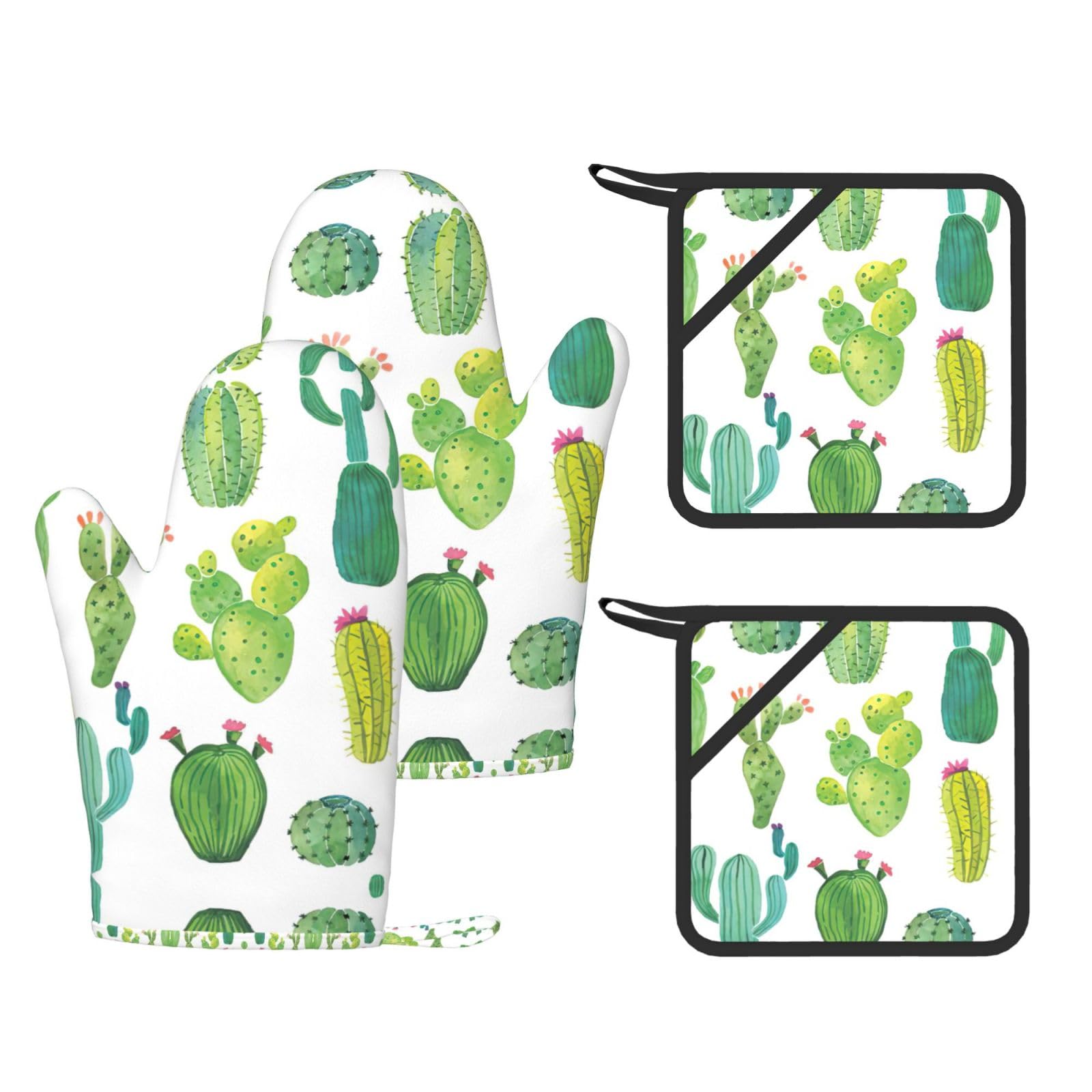 Eeprty Black Cactus Printed Kitchen Oven Gloves And Potholder 4 Pcs, Non-Slip Heat Resistant Mitts For Baking Chef