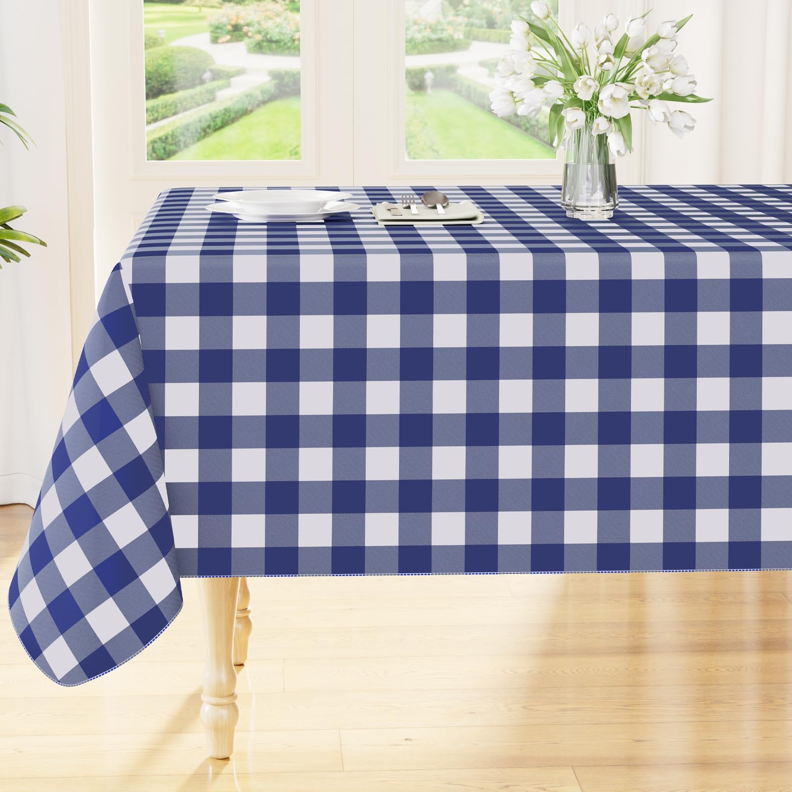 Rectangle Table Cloth, Waterproof Vinyl Tablecloths with Flannel Backing, Wipeable Buffalo Plaid Table Cover for Picnic, Indoor and Outdoor (Navy & White, 60"x84")