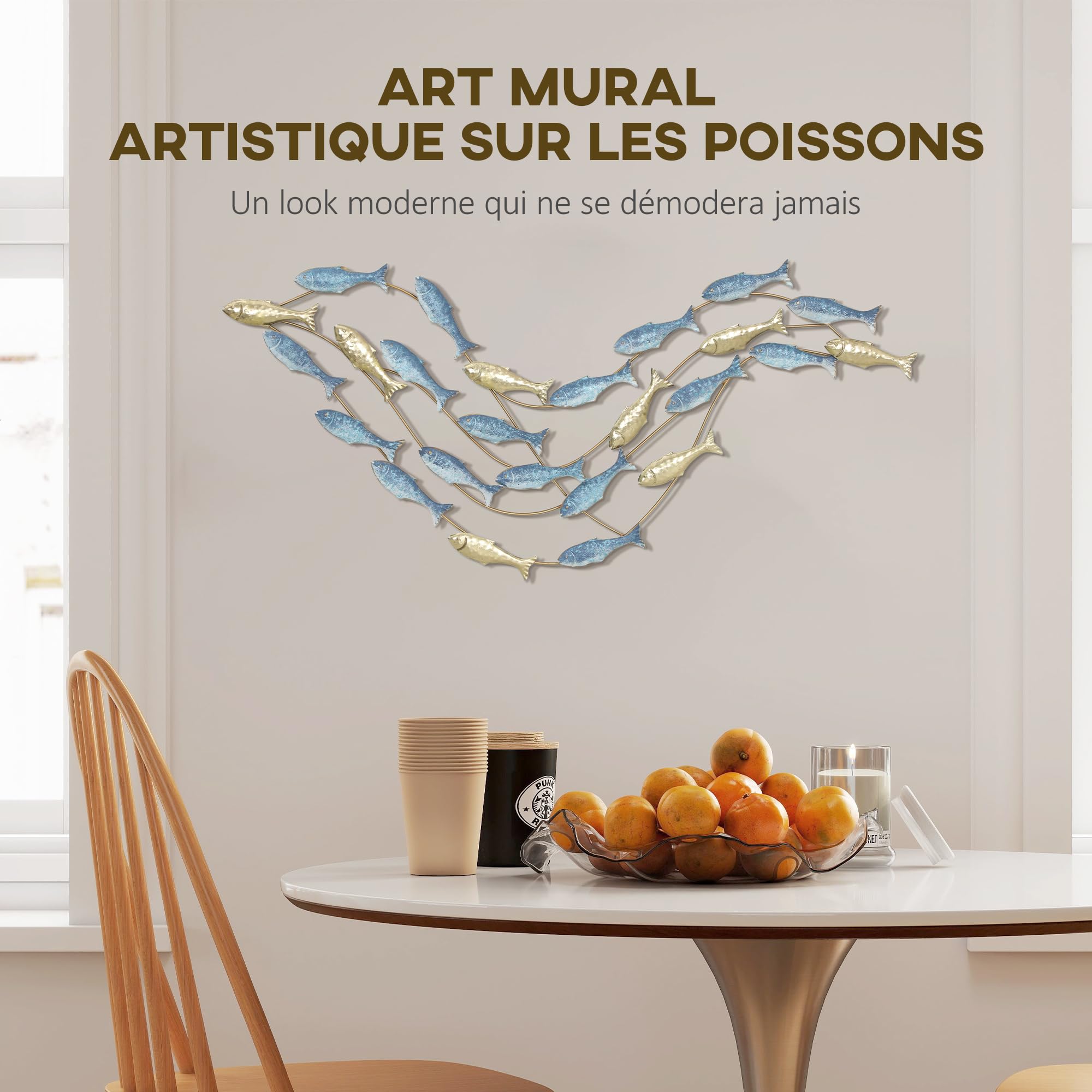 HOMCOM Décoration murale en métal moderne Poisson 100 x 50 cm bleu clair