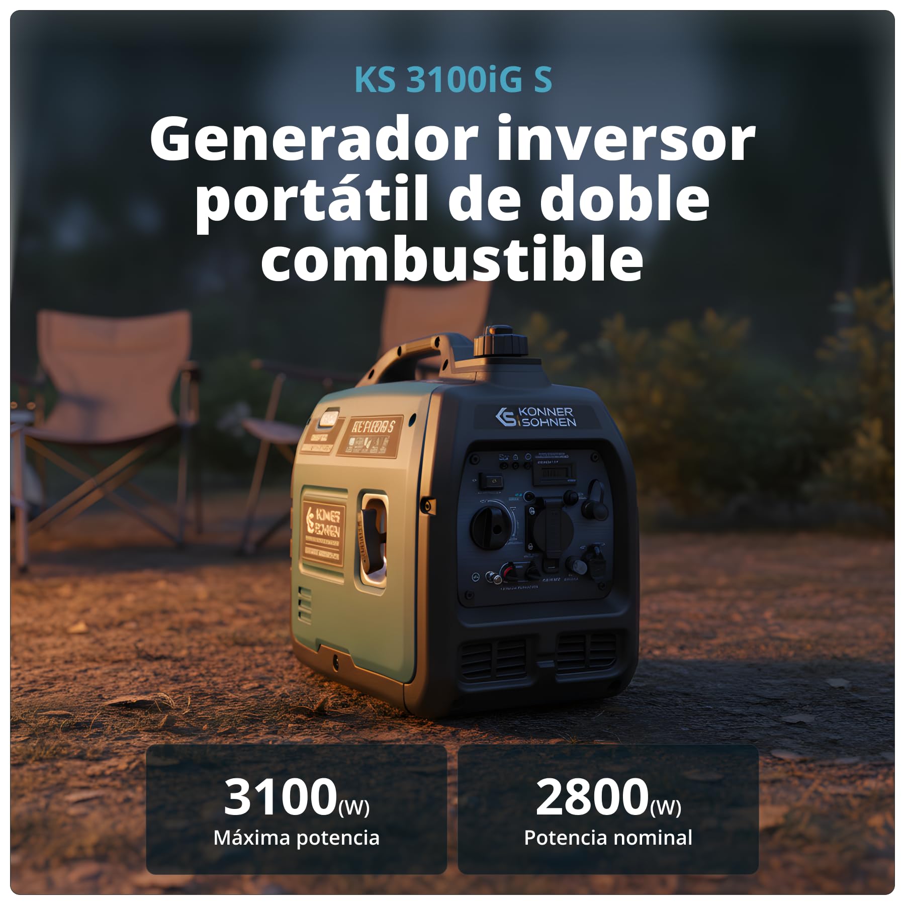 Generador de gas LPG/gasolina KS 3100iG S de Könner & Sönnen. Generador de corriente de emergencia 3100 W, toma Schuko de 230 V, 2 puertos USB, indicador LED, modo ECO, generador de energía EURO V.