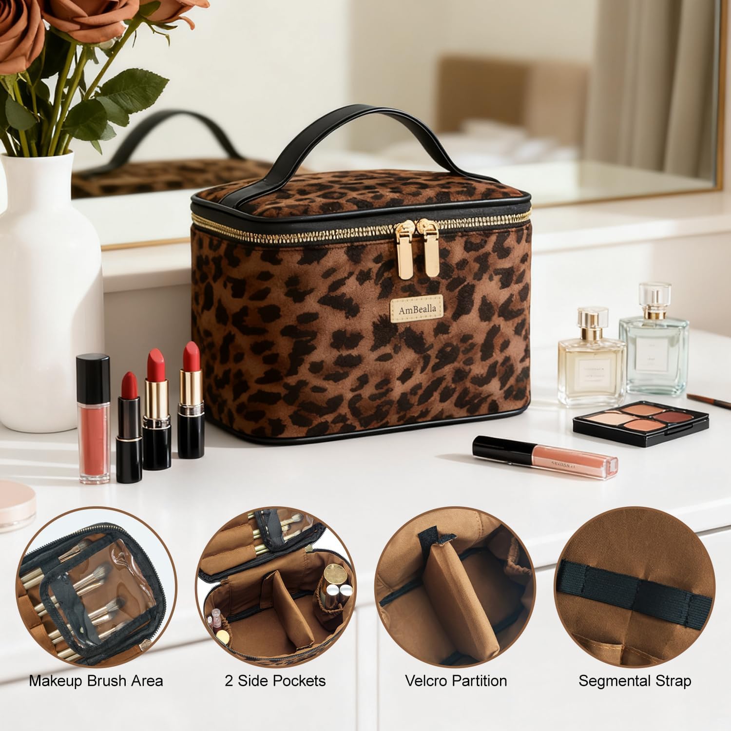 AmBealla Large Makeup Travel Bag Cosmetic Bags with Makeup Mirror and Brush Holder,Makeup Organizer Leopard Print for Women,Portable Toiletry Bag for Fashion Girls - Image 8