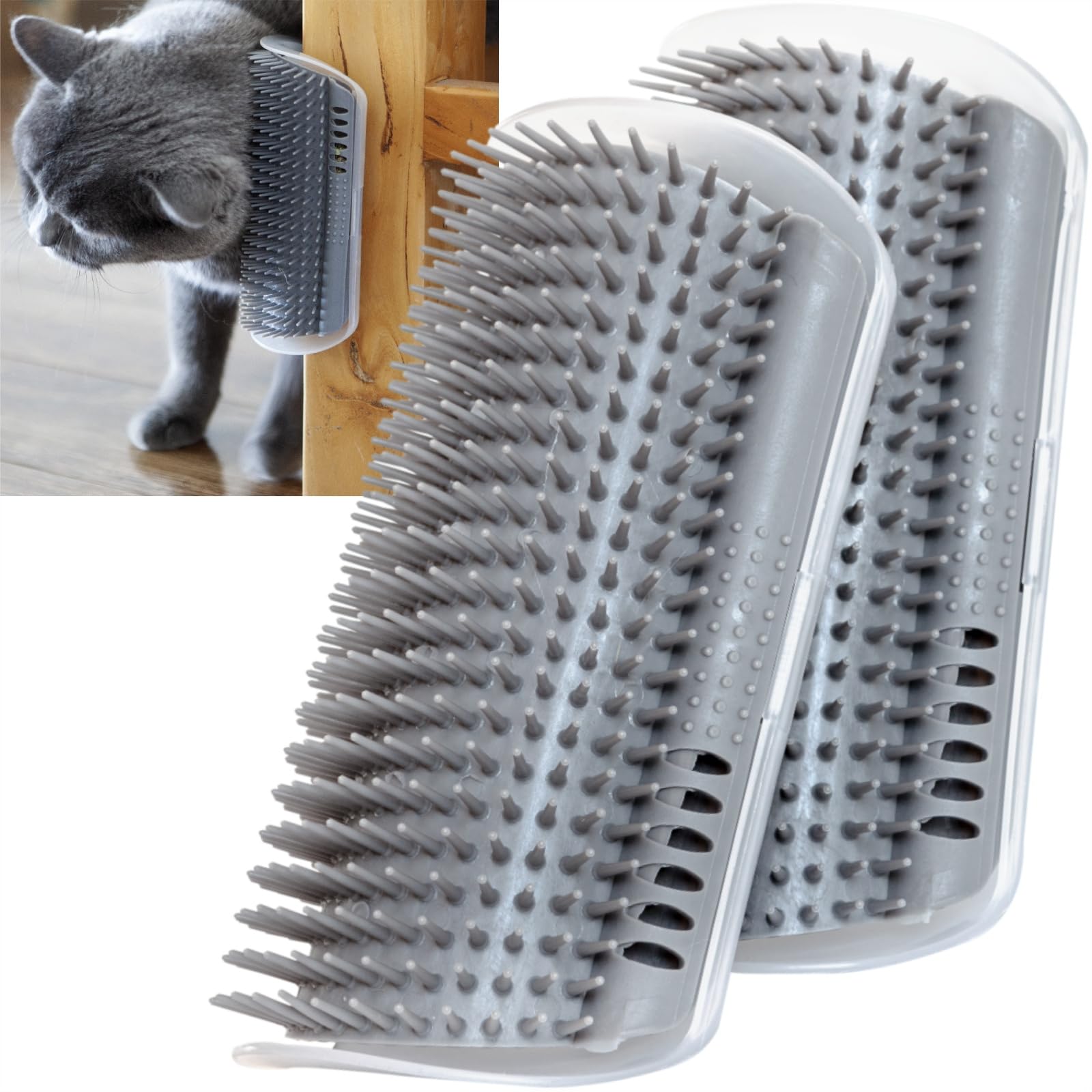 Miwoowim Extended (6.1") 2 Pack Self Grooming Cat Brush - Wall Corner Scratcher with Massage Combs for Long and Short Fur Cats, Kittens (Grey)