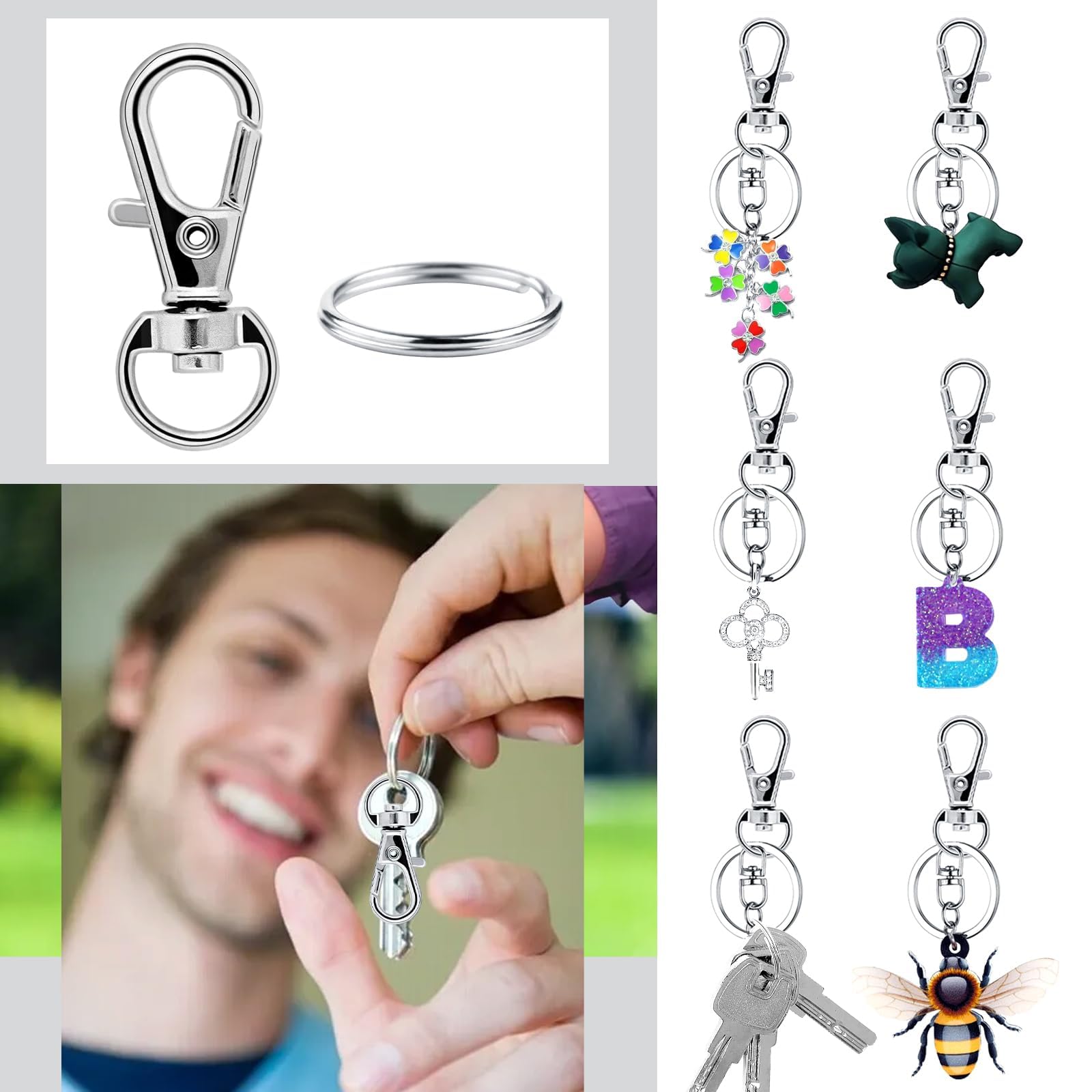 LOT DE 1 à 50 FERMOIRS MOUSQUETONS CROCHETS + ANNEAUX PORTE CLÉS CLEFS MÉTAL EBa