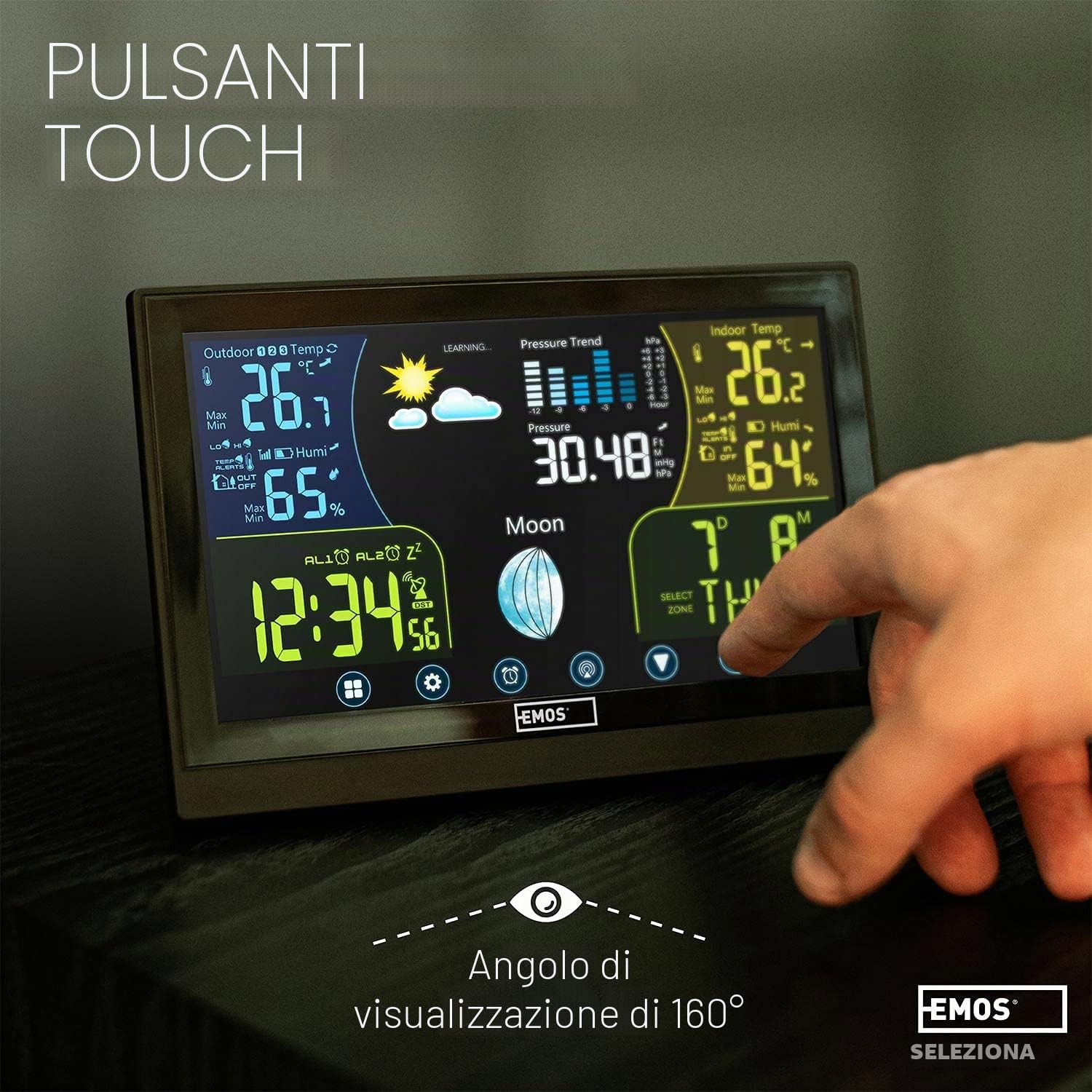 Emos Select Stazione Meteo Wireless con Display a Colori Touchscreen, Sensore Esterno, Segnale Radio, Orologio Radio – Temperature Interna ed Esterna, Barometro, Previsioni Meteo