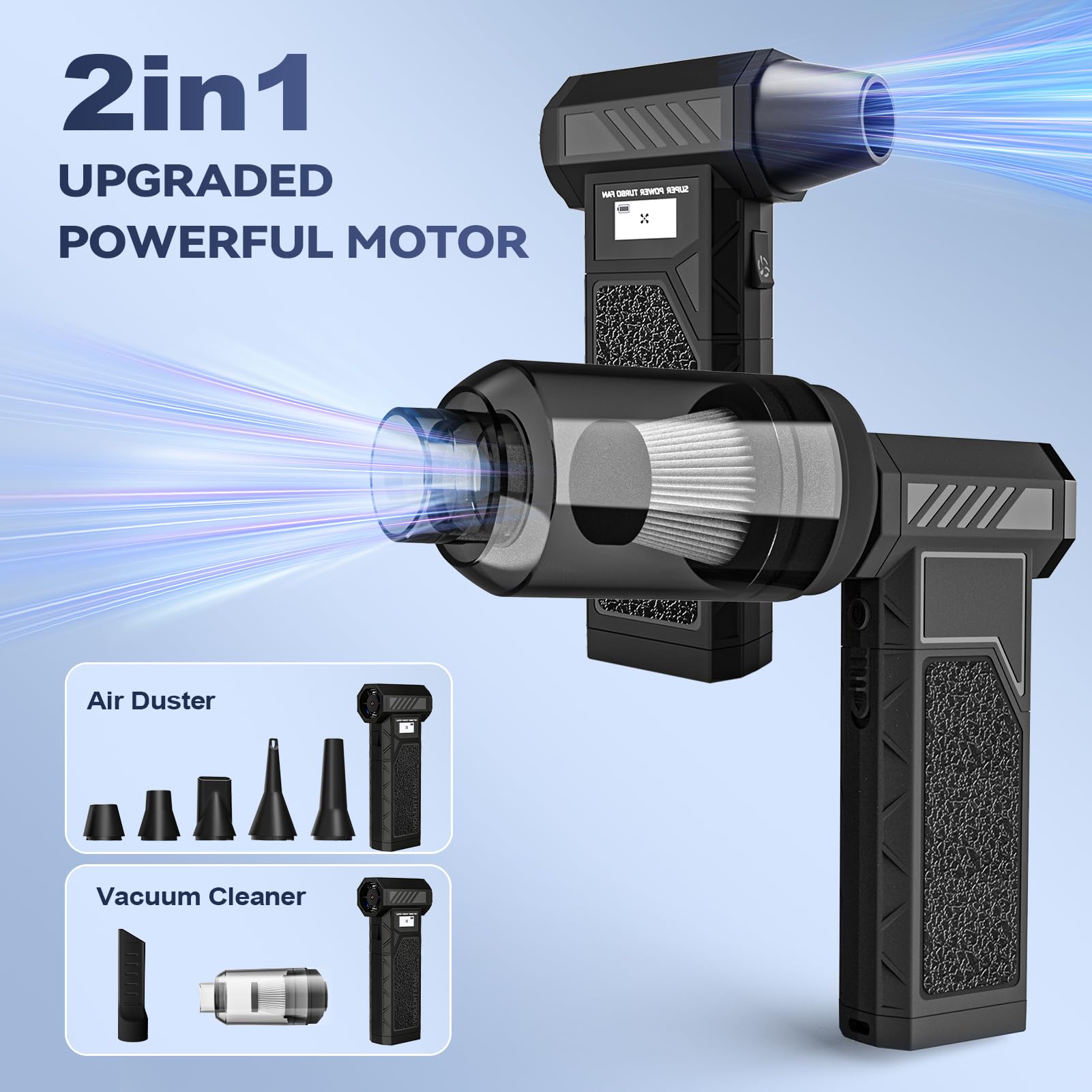 Cordless 2 in 1 Soffiatore Aria Compressa & Aspirapolvere per computer, 150000RPM Aria Compressa Elettrico con Batteria da 8000 mAh, 4 ingranaggi, Luce LED, Turbo Fan per la Pulizia del PC, Divano