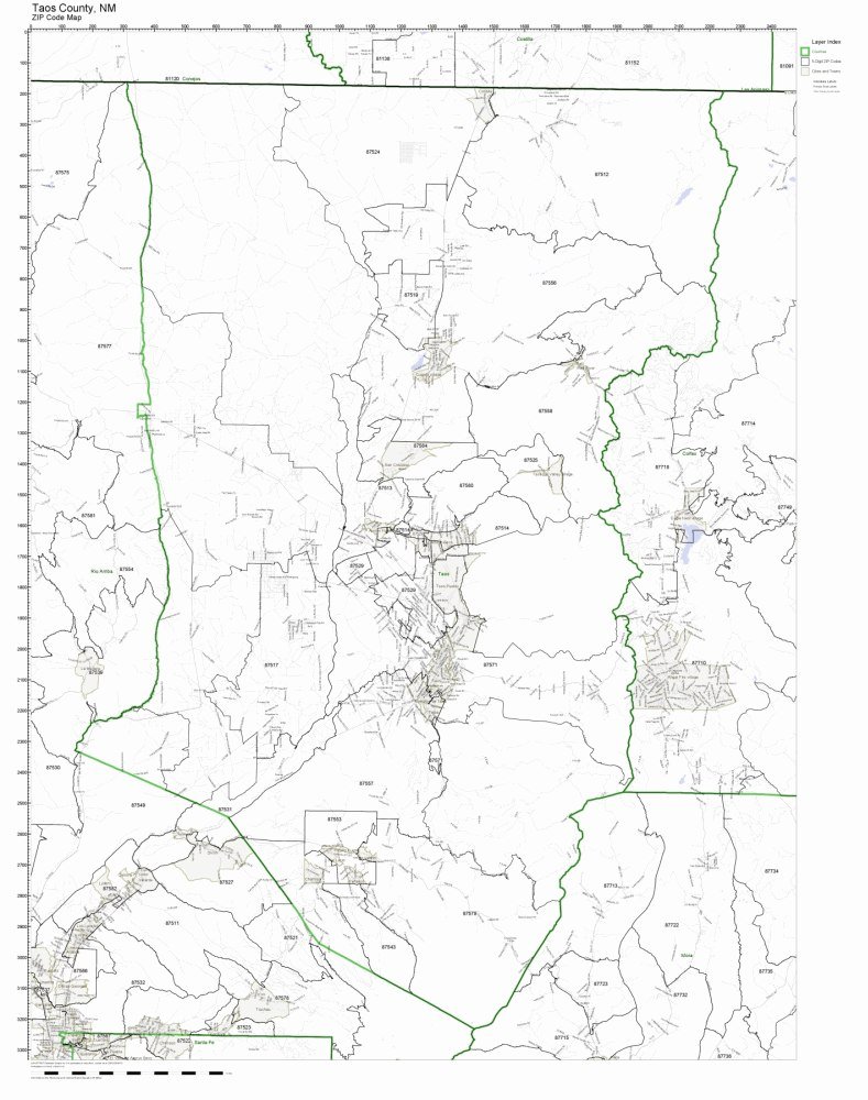 Taos County, New Mexico NM ZIP Code Map Not Laminated