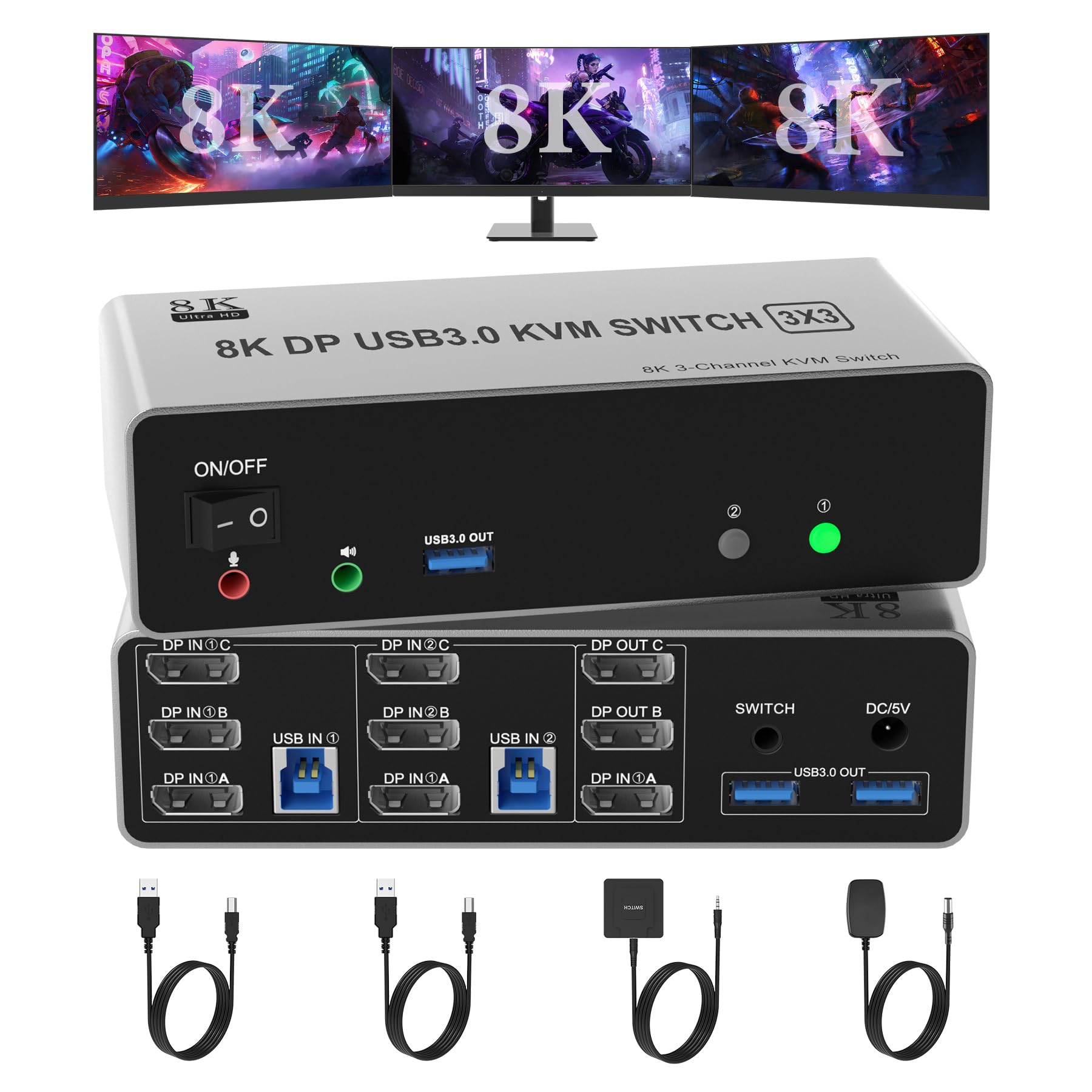 8K@60Hz KVM Switch 3 Monitors 2 Computers 4K@144Hz, DP 1.4 Displayport KVM Switch Triple Monitor for 2 Computer Share 3 Monitor, Audio Mic Port and 3