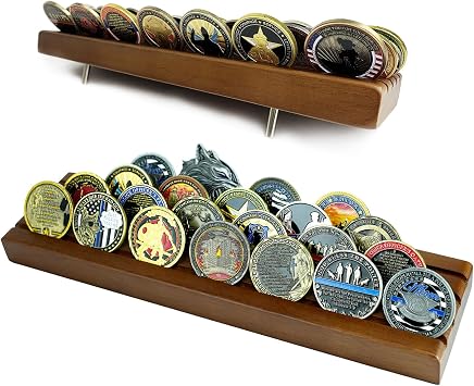 Challenge Coin Display Stand 4 Rows Wooden Military Coin Holder Rack Case Holds 30 Coins, Walnut Finish