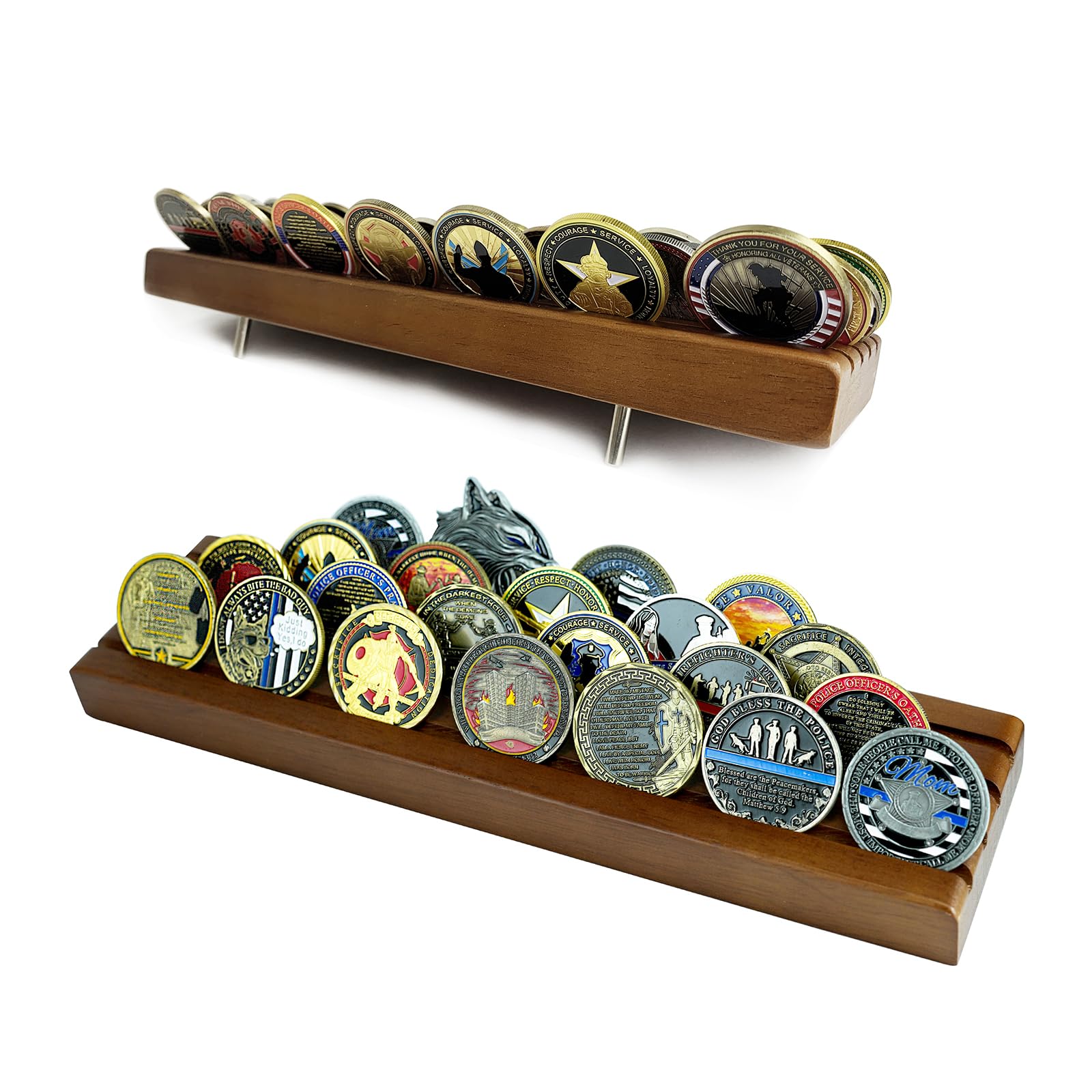 Challenge Coin Display Stand 4 Rows Wooden Military Coin Holder Rack Case Holds 30 Coins, Walnut Finish