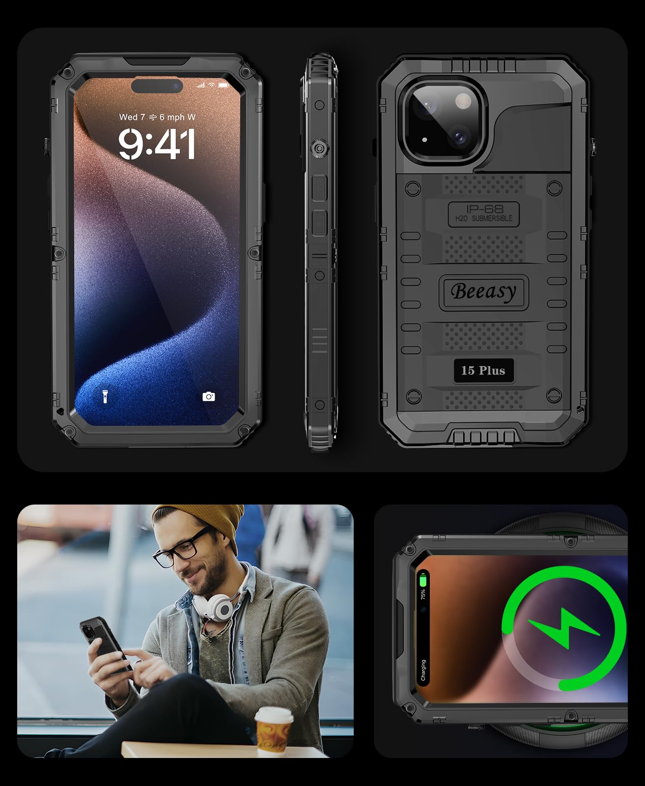 Custodia IPhone 15 Plus Antiurto Rugged Con Protezione 360° – Cover Indistruttibile Con Schermo Integrato, Antipolvere E Resistente All'Acqua, Militare, Colore Nero