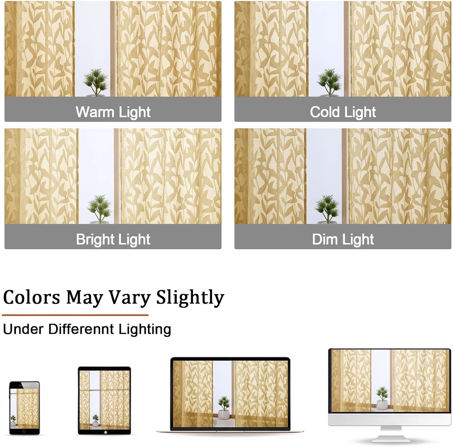 OWENIE Leyna Sheer Gold Curtains 84 Inches Long for Living Room Bedroom 2 Panels Set, Modern Clip Jacquard Leaves Textured Light Filtering Curtains, Double Rod Pockets Window Drapes, 40Wx84L Inch