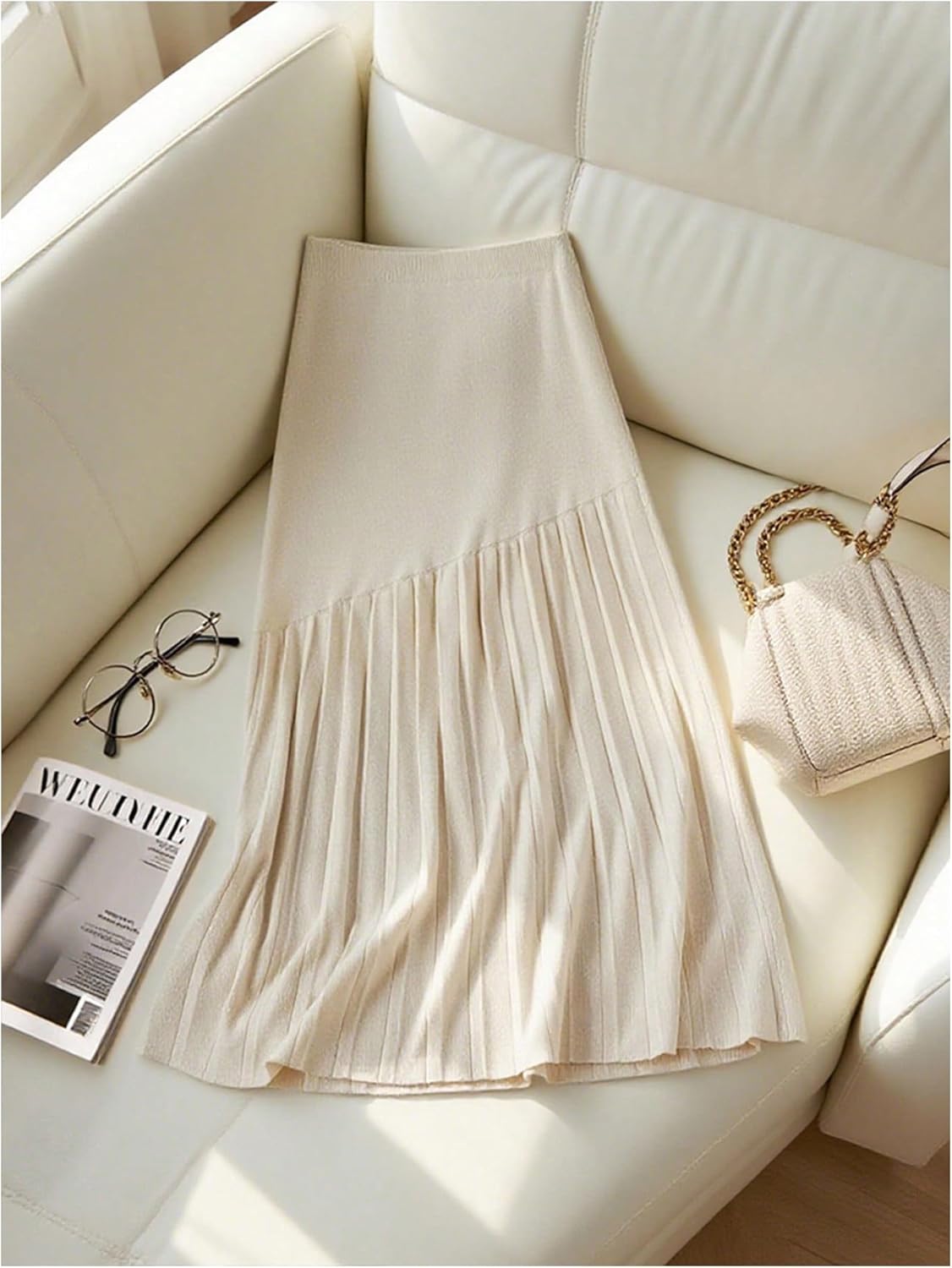 SHENHE Women's Pleated Sweater Skirt High Waist Ruffle Flared Bodycon Knit Midi Skirt - Image 2