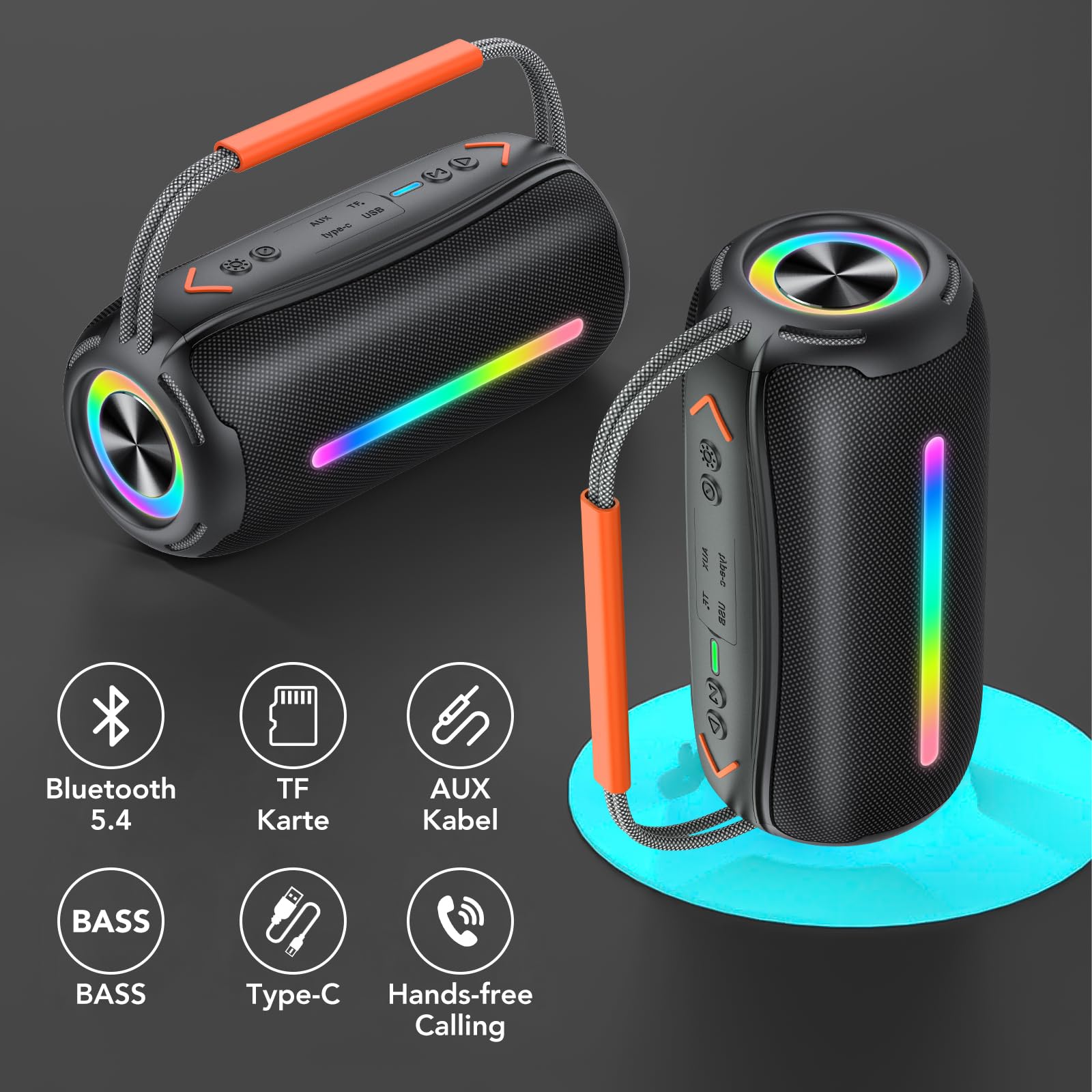 aowoka Altavoz Bluetooth Portátil 40W con Asa, Altavoz Potente con Subwoofer Doble, Bluetooth Speaker Impermeable IPX7, con Luz RGB, TWS/AUX/TF - Ideal para Fiestas, Viajes y Exteriores