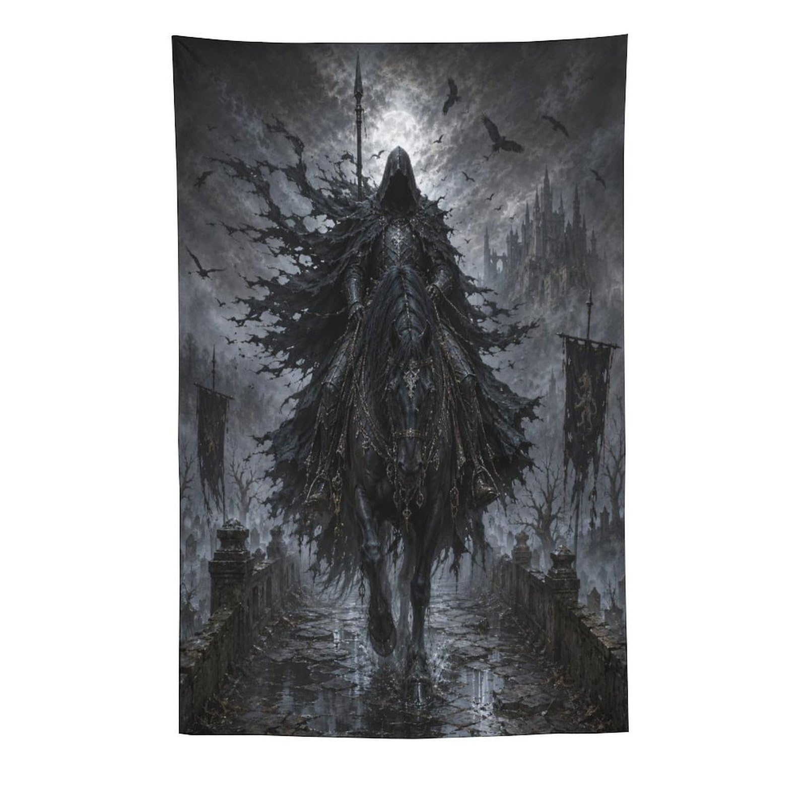 H3B8U2Y5 Storm Castle Horseman Wall Tapestry, Renaissance Art, Heroic Rider