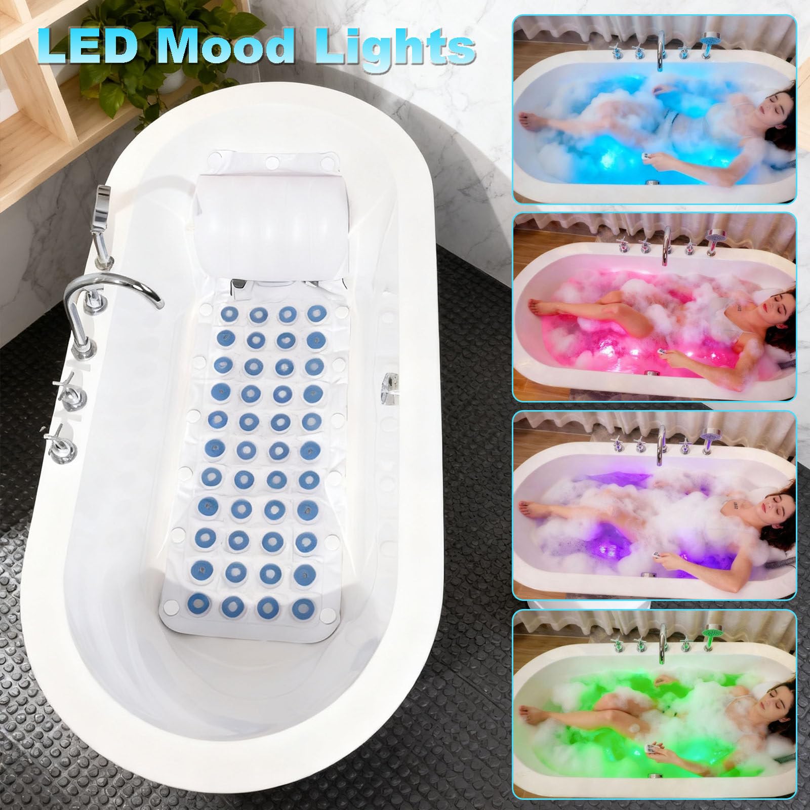 Tapis de Bain à Bulles avec Télécommande | Tapis de SPA à 93 Jets pour Baignoire | 6 Niveaux & Lumières LED 7 Couleurs | Pompe à Air Améliorée | Tapis de Baignoire Portable pour la Maison
