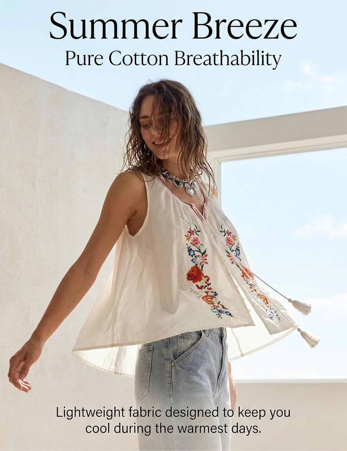 Womens Summer Boho Floral Embroidered Tops 2026 Tie Front Blouse Flowy Vest Top Button Down Sleeveless Fashion Blouses