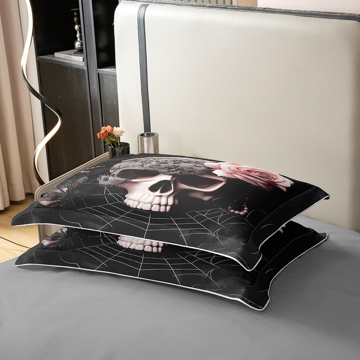 Homewish Skull & Pink Rose King Size zestawy pościeli gotyckie kwiatowe róże bawełna poszewka na kołdrę dla kobiet mężczyzn, czarne gotyckie kwiaty vintage poszewka na kołdrę | Halloween pajęczyna