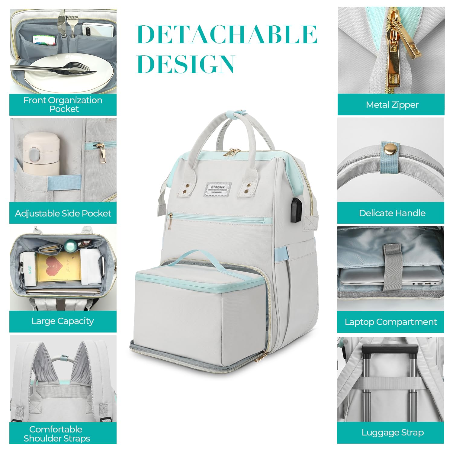ETRONIK Mochila de almuerzo para mujer, mochila para laptop con puerto USB