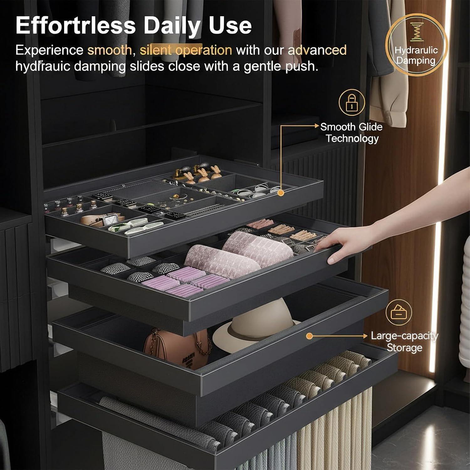 Pull Out Closet Organizer Set - Integrated Wardrobe System with Jewelry Tray, Underwear Box, Non-Slip Pants Rack & Large Storage Basket