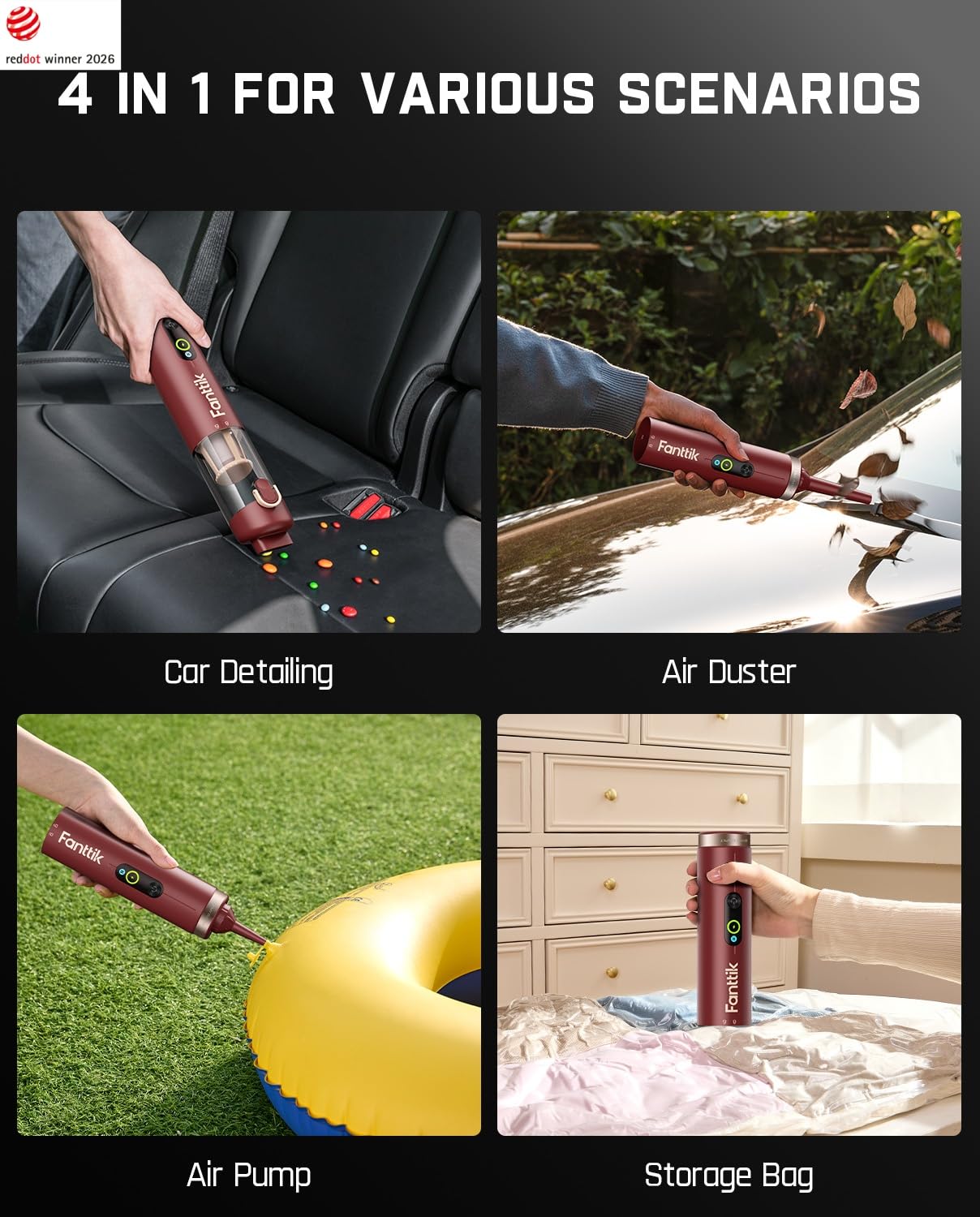 Fanttik Slim V10 APEX Cordless Car Vacuum, 4-in-1 Portable Mini Handheld Vac, Upgraded Smart Digital Display, 19kPa Suction Power, 2 Suction Modes for Small Jobs, Car, Office Desk, Keyboards (Red) view 2