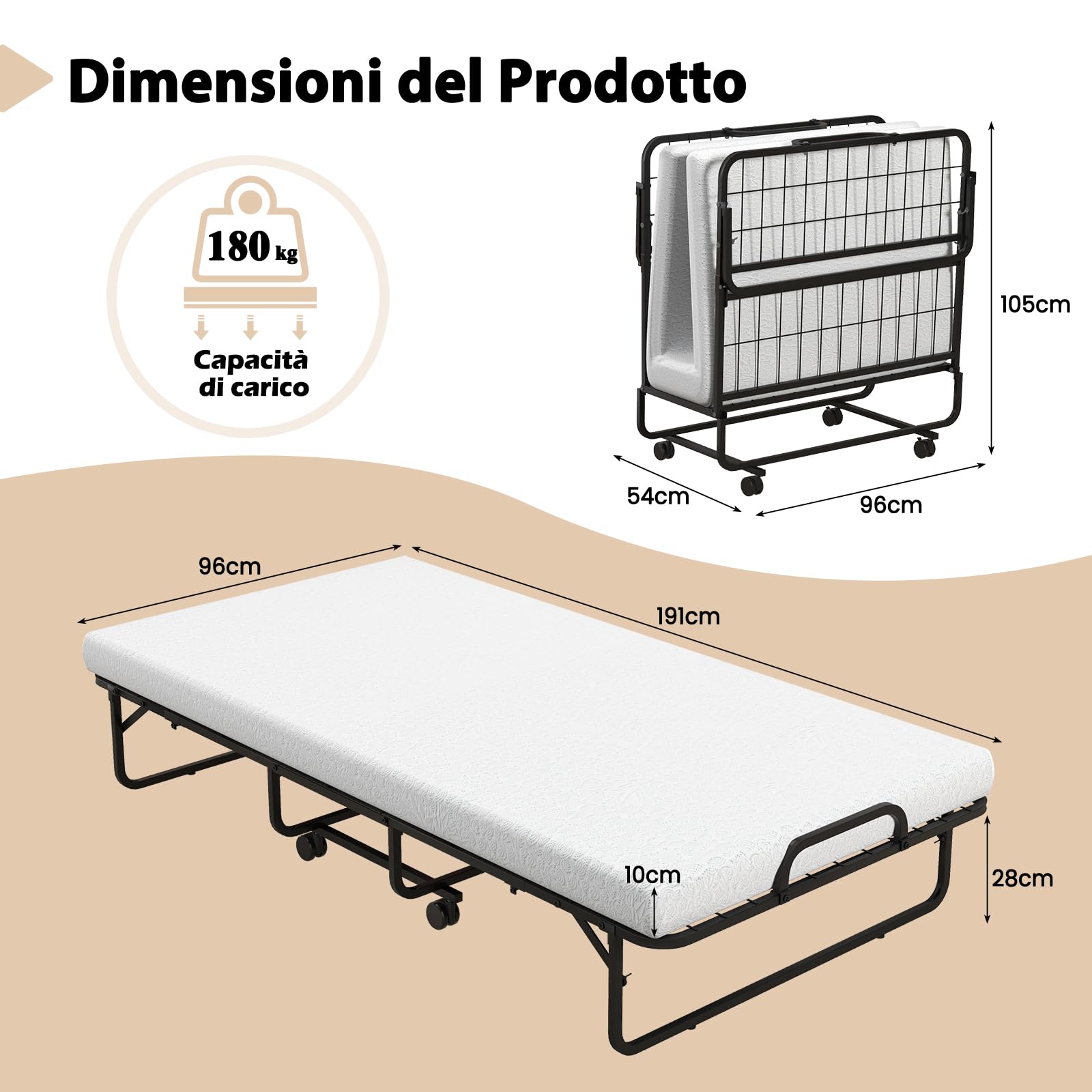 GYMAX Brandina Pieghevole con Materasso, Carico 180 kg, 191 x 96 x 38 cm, Materasso Memory, a Rete di Acciaio