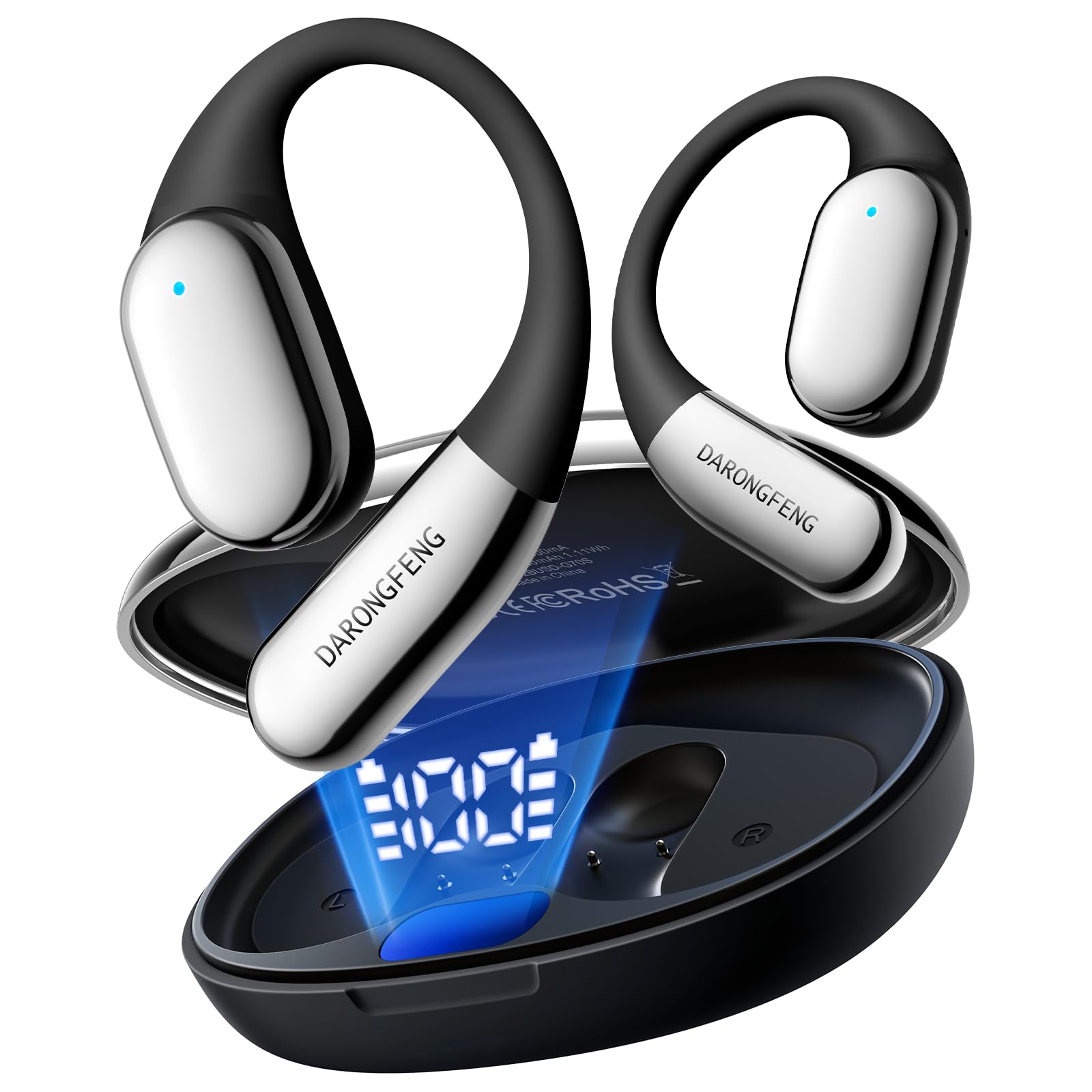 DARONGFENG Auricolari senza fili Bluetooth 5.4, per corsa e allenamenti: gancio ergonomico e aderente, bassi potenti, suono HD coinvolgente e chiamate chiare, riproduzione 40 ore con display