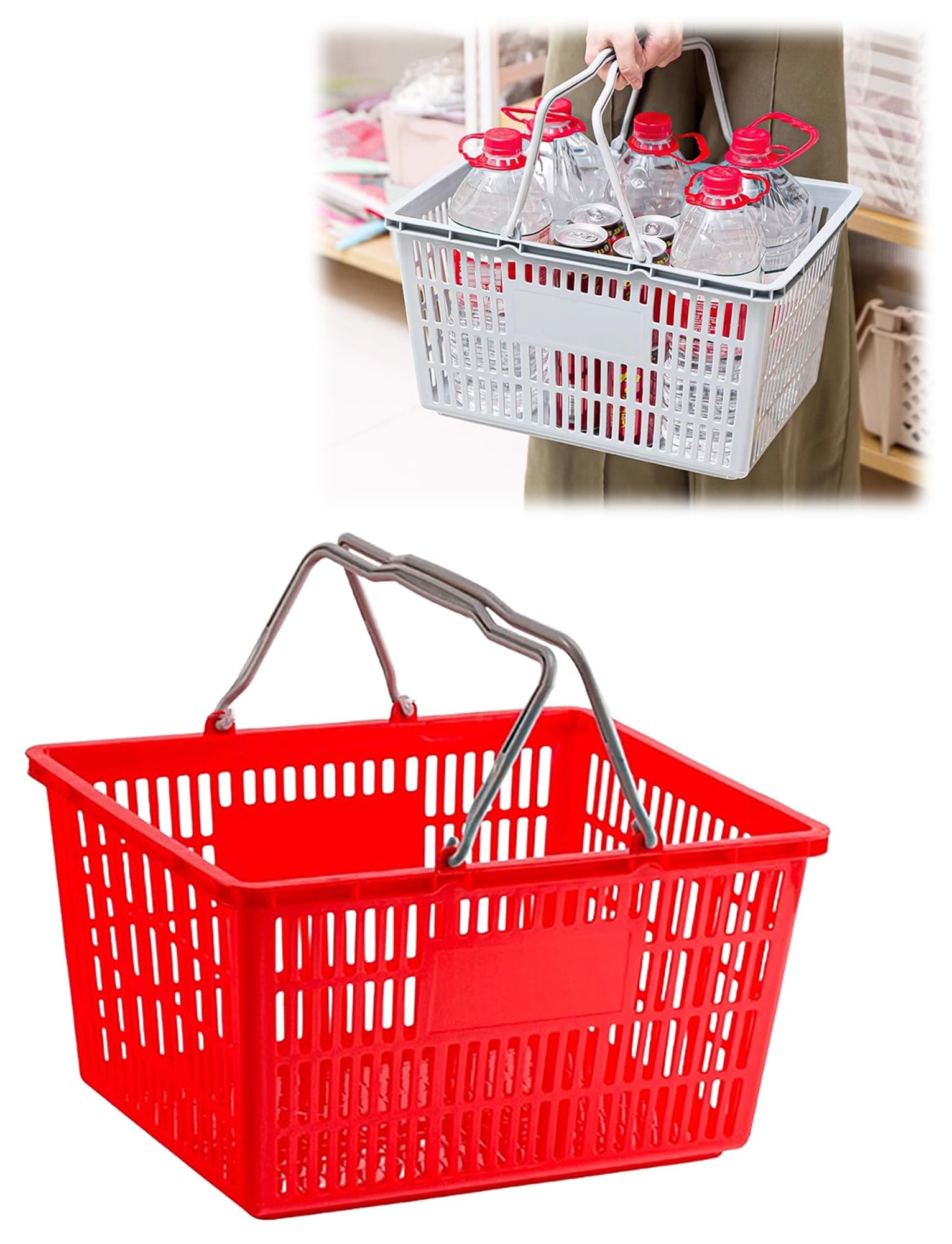 Cesti per la spesa in plastica, confezione da 5 pezzi, con manici, resistenti, per forniture al dettaglio, ideali per latte e uso sul mercato, 39,9 x 28 x 21,1 cm