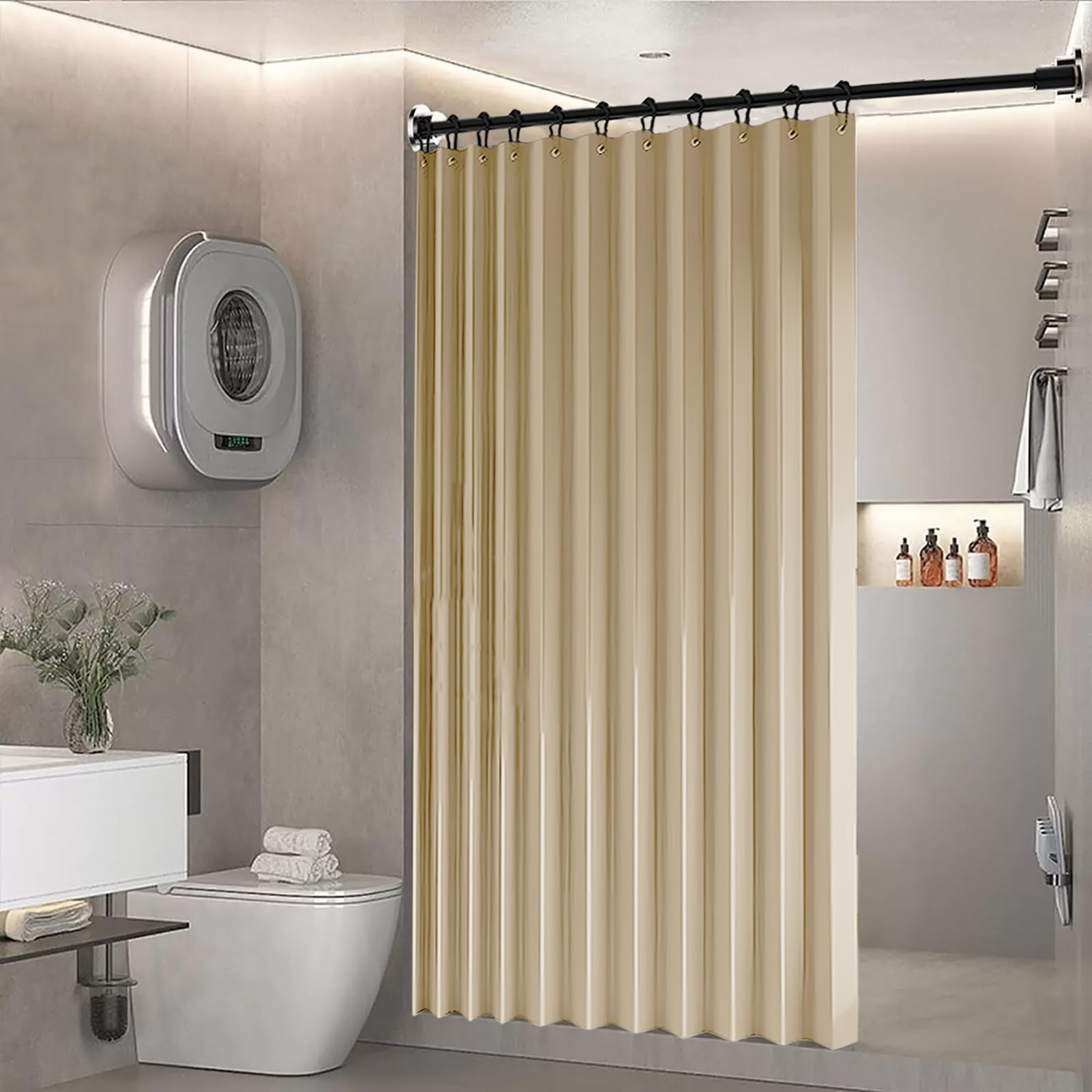 BOYOUTH Heavyweight Folding Accordion Shading Shower Curtains,Waterproof Fabric Pleated Partitions Privacy Bath Curtain for Bathroom Bathtubs Hotel Spa Decor,Beige,100 x 95 inches