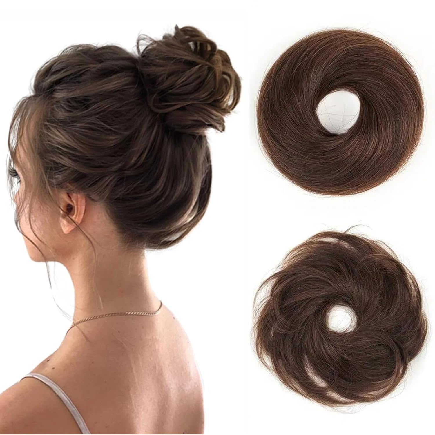 Messy Bun Hair Piece Human Hair #1B Natural Black Messy Bun with Elastic Band Hair Bun 100% Real Human Hair Stretchy Fluffy Elastic Rubber Band Fake Bun for Women/Kids Girls