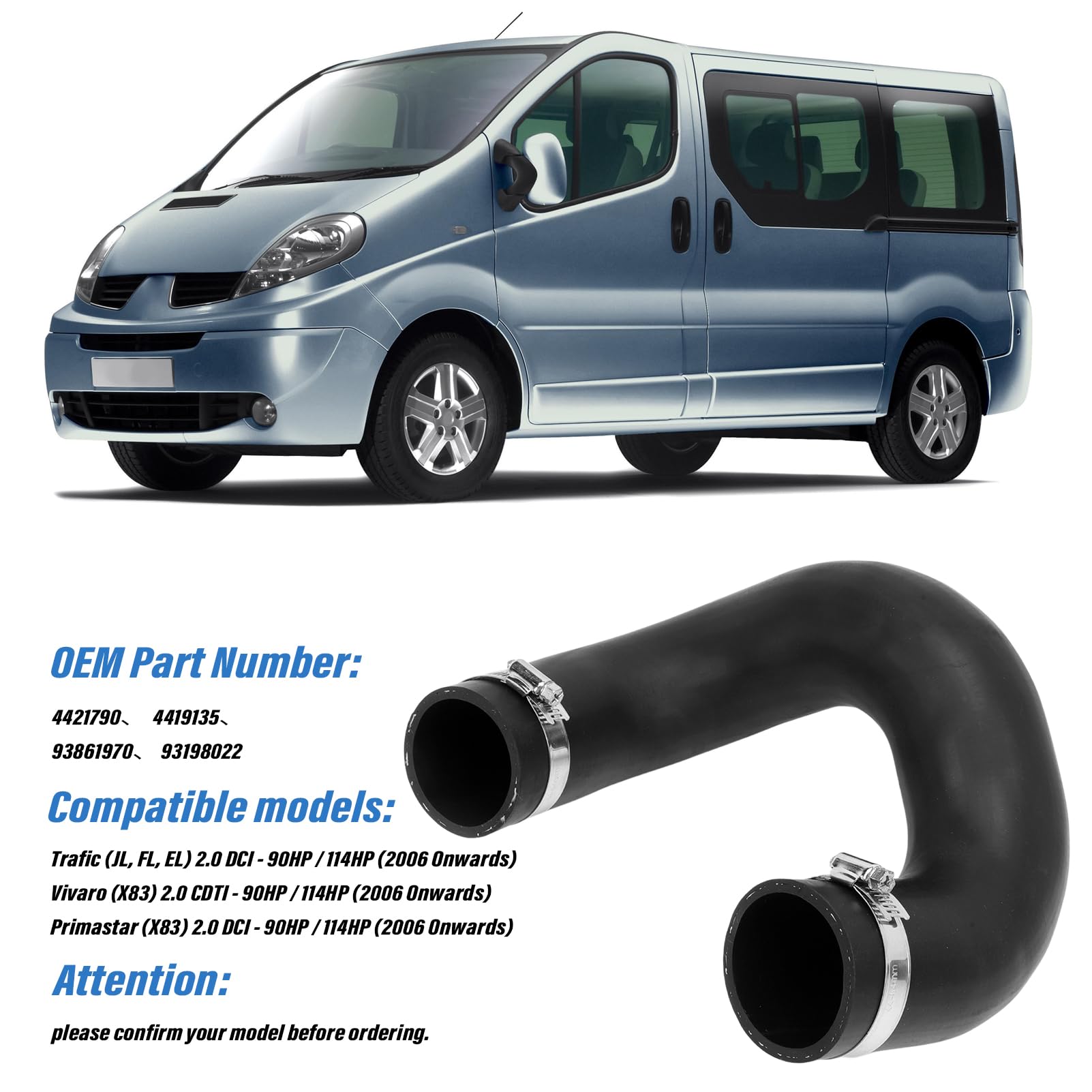 KASturbo Turbo Ladeluftschlauch Ladeluftschlauch für Renault Trafic Opel Vivaro Primastar 2.0 DCi 2006–2018 ersetzt 4416867 4418876 93857913 93861970