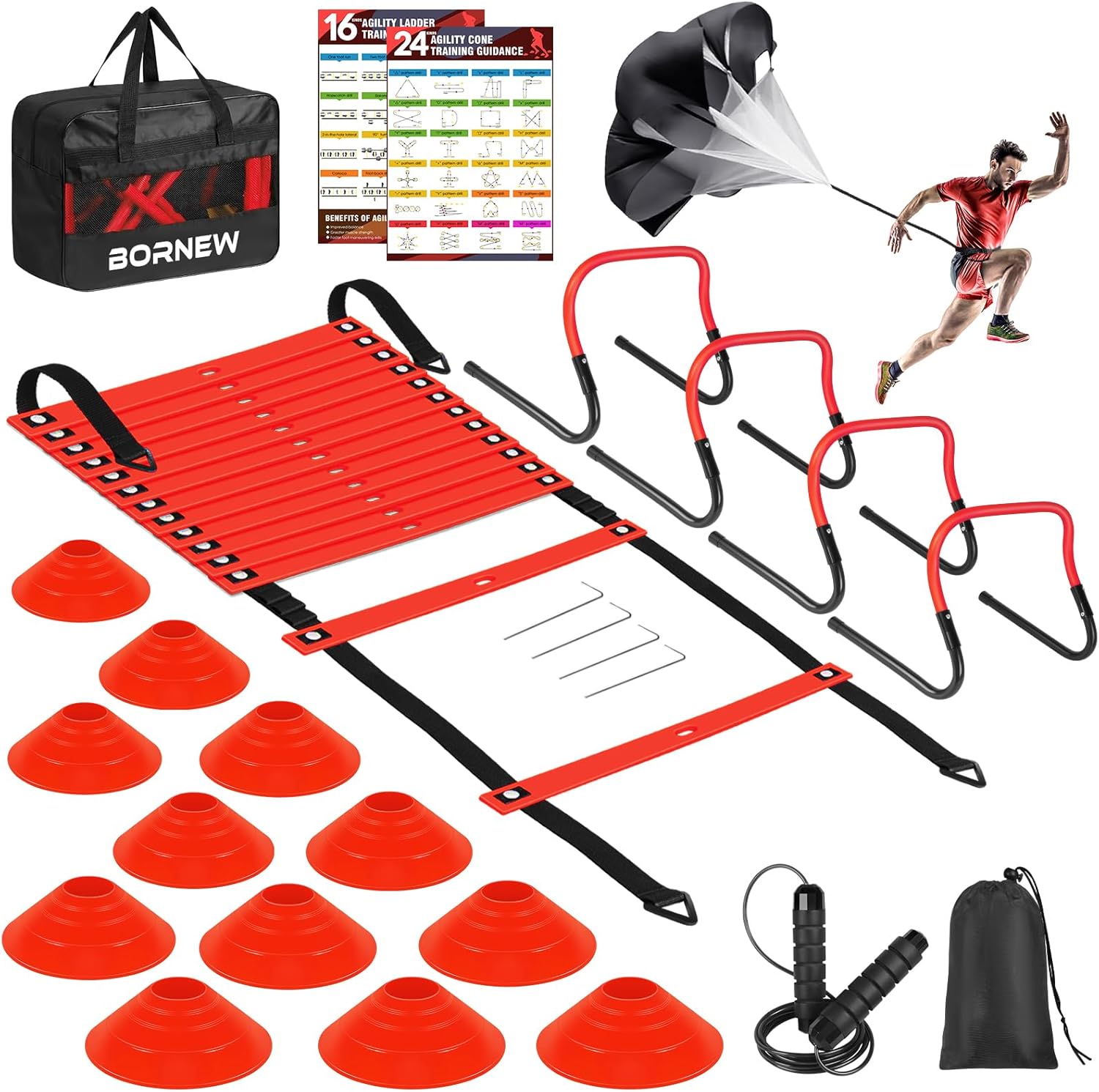 Agility Ladder, Soccer Speed Training Equipment, Football Practise Set with 20ft Ladder, 12 Cones, 4 Adjustable Hurdles, Jump Rope, Parachute, for Basketball, Football, Kids, Youth, Adults