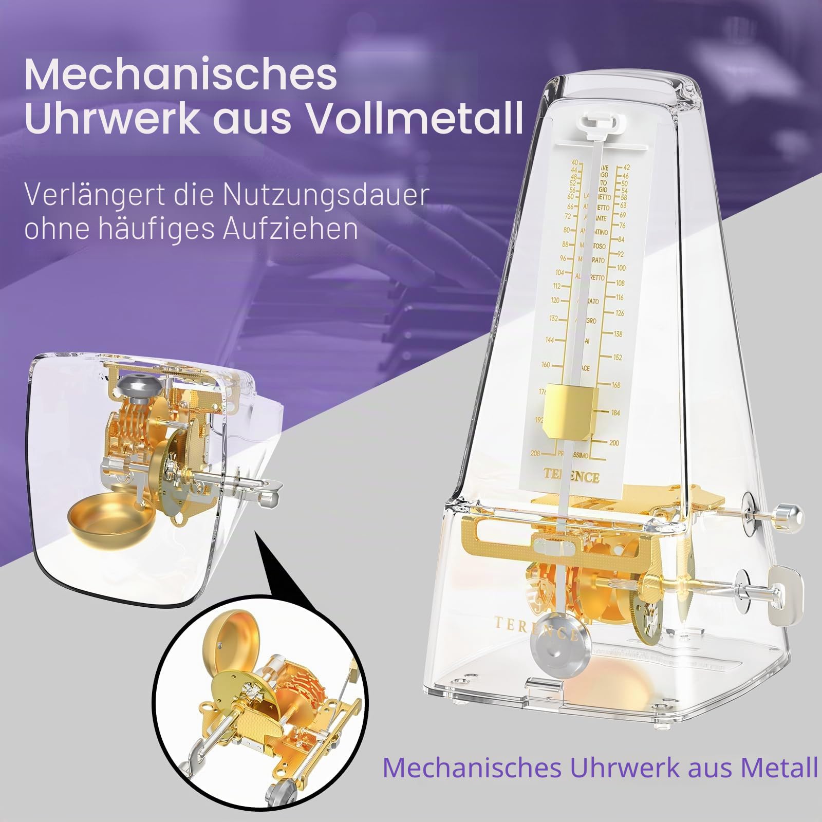 TERENCE Mechanisches Metronom für Gitarre Bass Klavier Violine mit hoher Präzision Traditionelle Pyramide Transparent