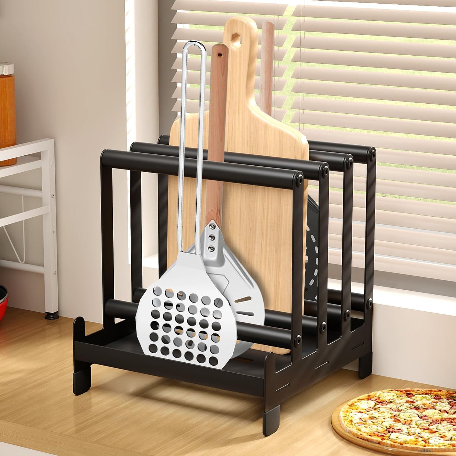 Support pour pelle à pizza en acier 24 x 24 x 36 cm, 4 emplacements disponibles, support pour pelles à pizza robuste avec pieds antidérapants pour spatule à pizza, tourne-pizza, rangement pour