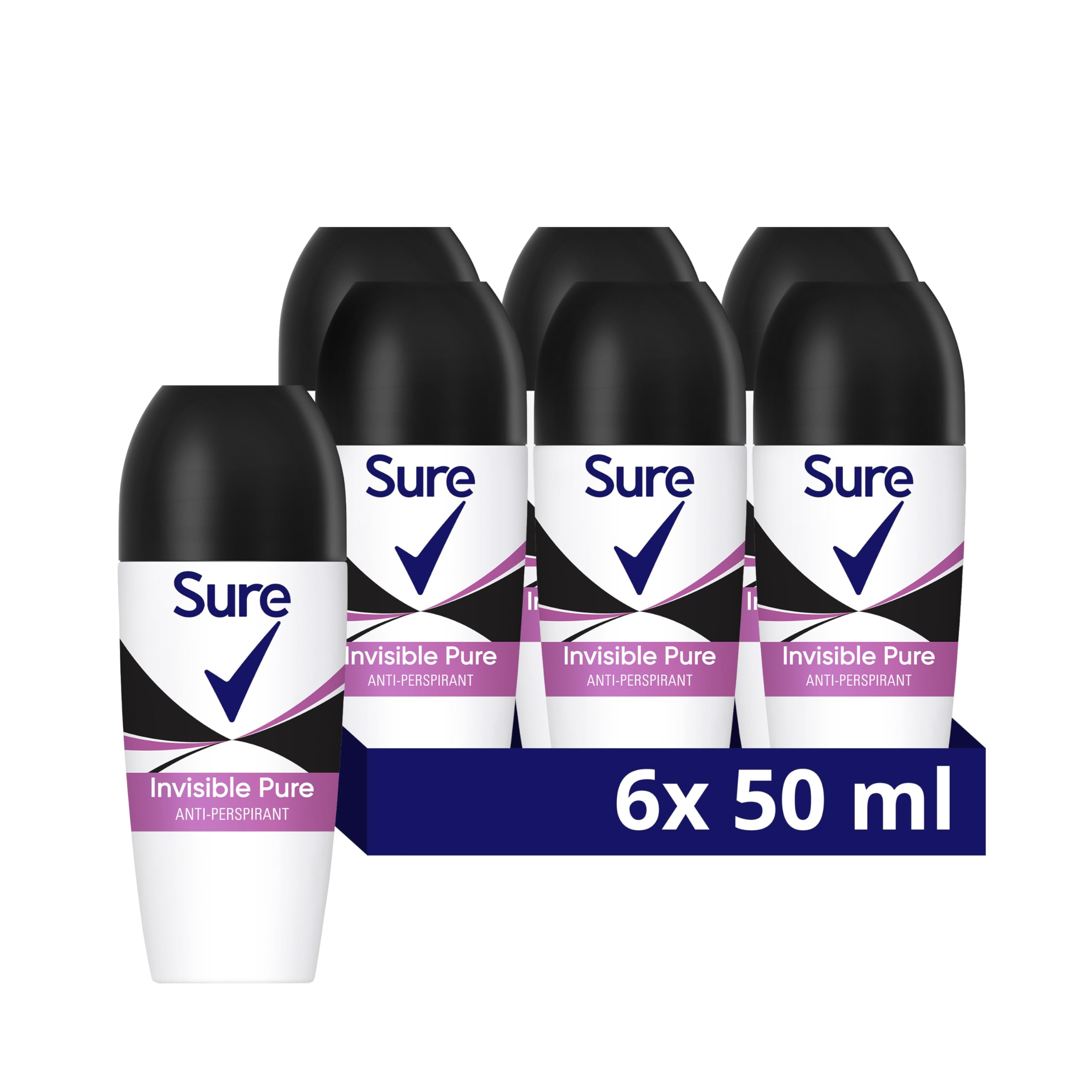 Invisible Pure Anti-Perspirant Roll On Women's Deodorant that protects against white marks and yellow stains for 48 hour sweat and odour protection 6x 50 ml