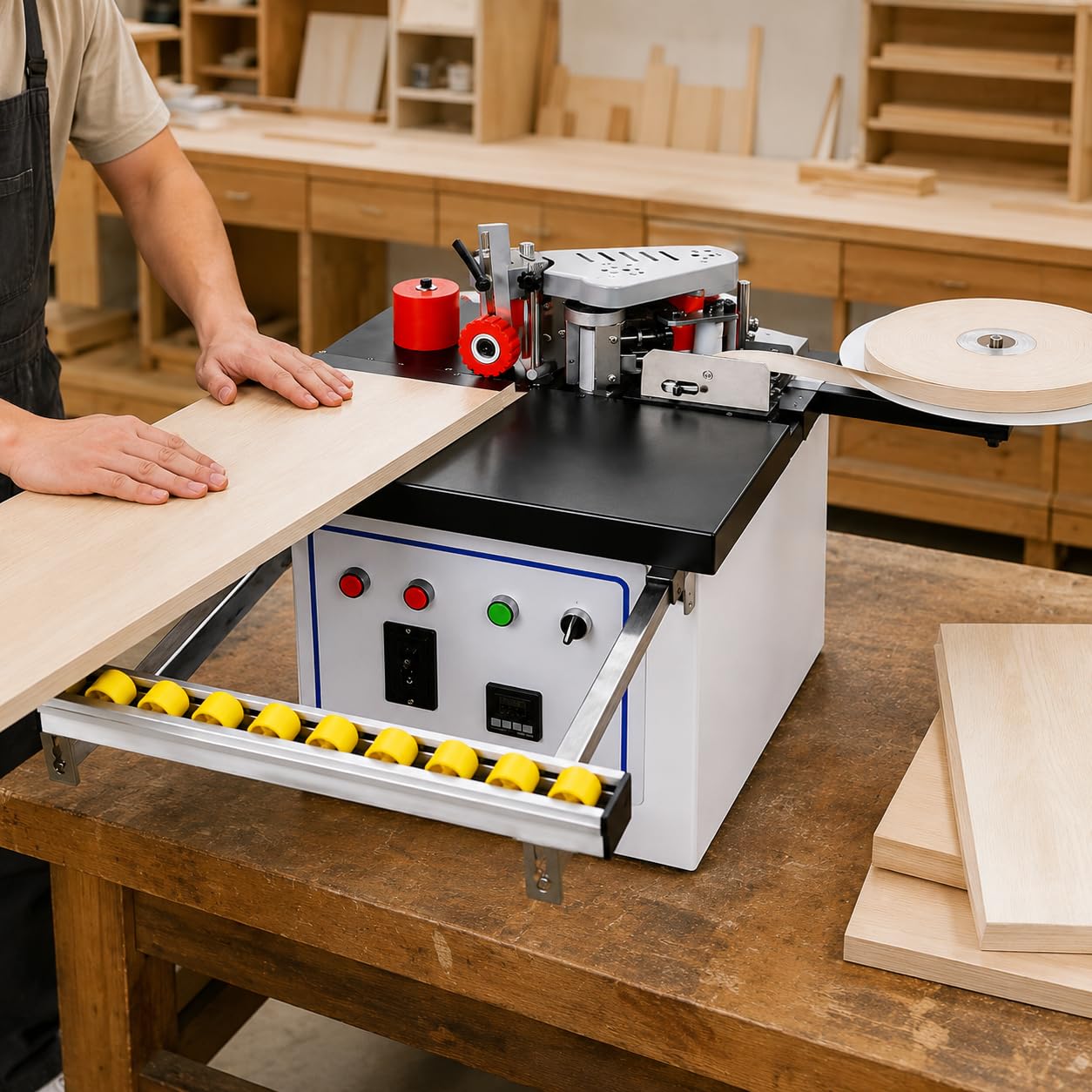 Bander de bordes portátil de 1200 W con alimentación automática, pegado de doble cara, control de temperatura de 120-220 °C, velocidad de alimentación de 2-6 m/min para bandas de bordes de carpintería